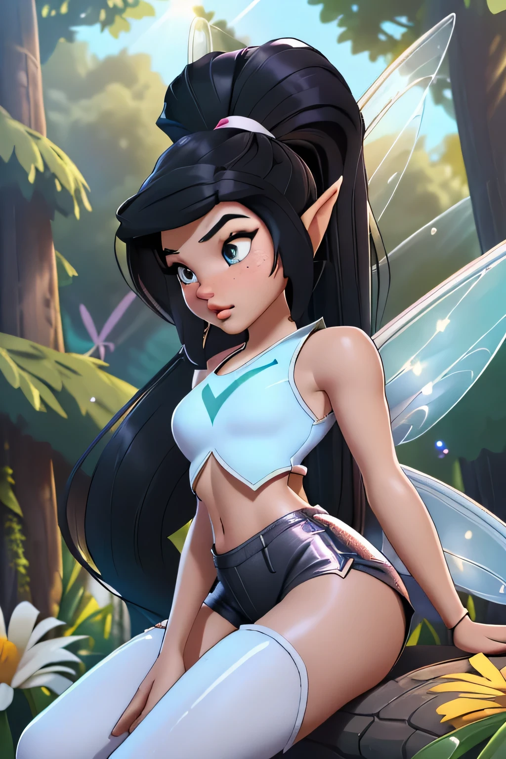 1girl in, 18, Vidia Waifu, photo of perfect woman, miniature ferry, Solo, (miniature girl and a huge world: 1.2), Aesthetic artwork, (very long black hair, super long black ponytail:1.25), (some small freckles, pale skin, medium breasts, C-cup, runners body, very thin waist, skinny, petite, detailed skin texture), (fairy wings, big fairy wings, fairy ears: 1.33), ((she is wearing a Lola Bunny costume, space jam uniform, white crop tank top, white short shorts, space jam emblem: 1.5), (sitting at the base of an absolutely massive tree dwang everything around it, godrays shining down through the trees, seductive eyes, glossy lips, focus on breasts:1.2), (surrounded by huge flowers and trees, tiny girl surrounded by giant objects, detailed outdoor park:1.3), (extremely detailed 8k wallpaper), soft lighting, high quality, film grain, Fujifilm XT3 sharp focus, f 5.6, 50mm, High Detail, Sharp focus,(natural light), crazy details, complex details, hyper detailed. (cowboy photo:1.2), light particles, sfw