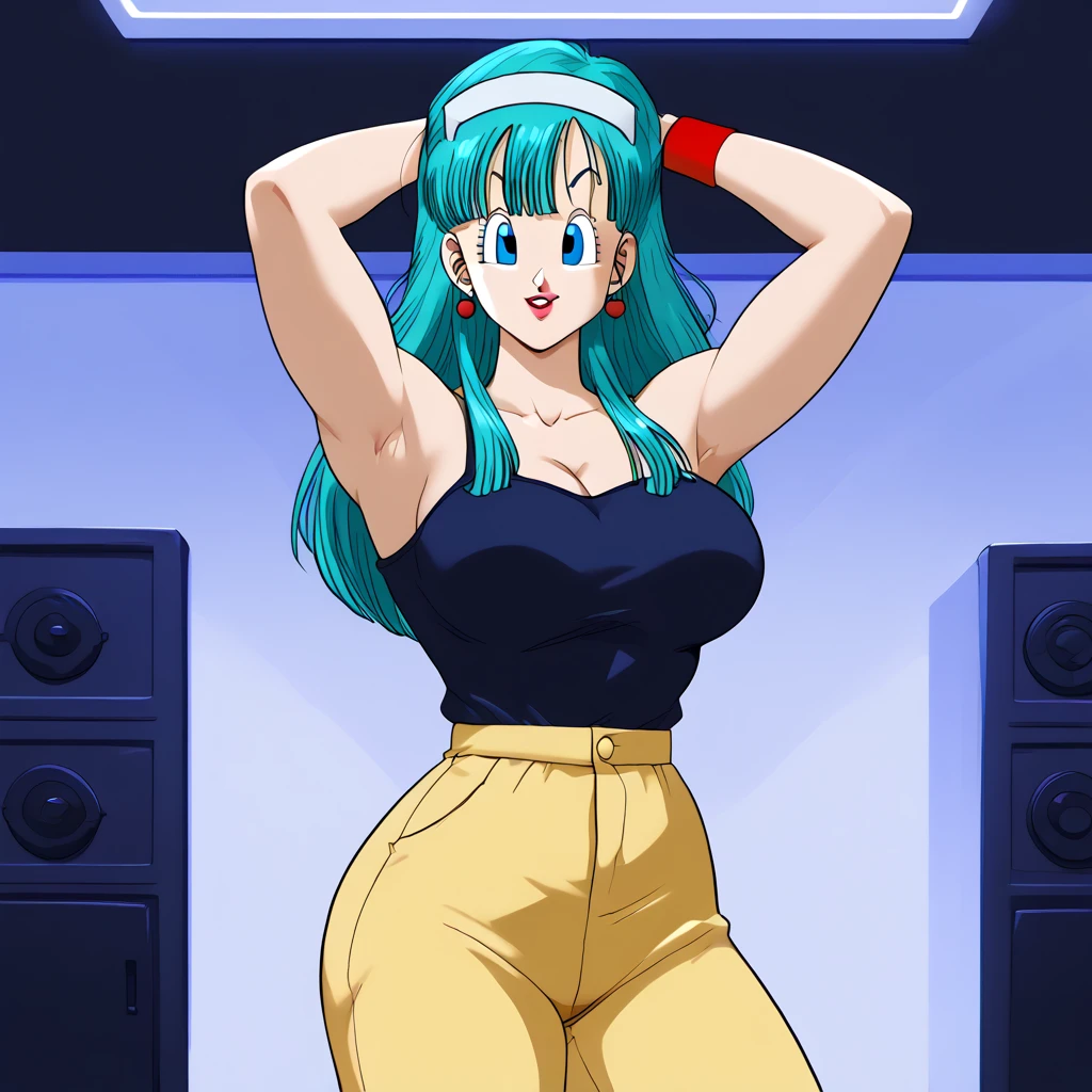 Bulma,( dragon ball\), long hair, one side arriba, periferia_cortar, cabello aqua, blue eyes wristwatch, Top tubo rosa, escote,  hombros descubiertos , sin tirantes,  Lazos para el cabello , wristband, pantalones cortos marrones, clavicle,  Habitación interior , Young curvy woman with big breasts and big ass, pose with arms raised to the sides, making a fist, showing her armpits