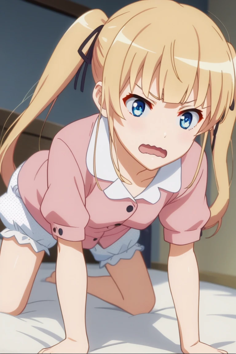 ((masterpiece)), ((best quality)), (ultra-detailed), anime style, look up from below, on the bed, a cute girl, 1girl, solo, underwear00, ((beautiful eyes)), smile