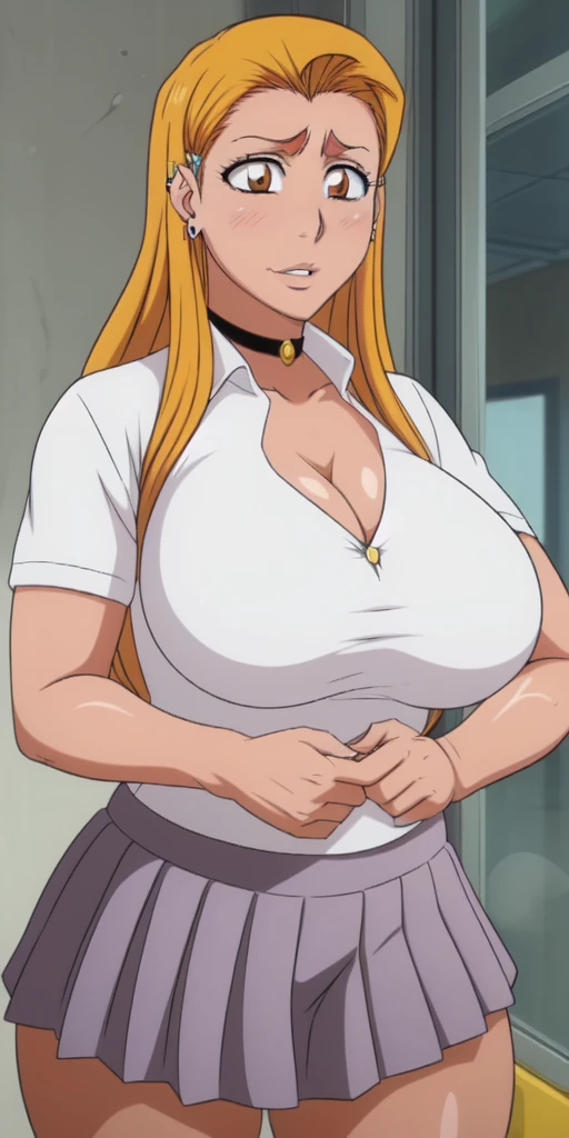 Orihime Inoue,Bleach artstyle,Big breast,Enchanted big breast,Thick lips,((Circle piercing in lips)),((((White shirt school uniform)))),Cleavage,((((short gray skirt))))Curvy figure,Plump,Hoopa bracelet,Long nail,Side burn visible,look at viewer,(((bright yellow blond color hair))),((head facing front)),High quality,Highres,Humongous big breast,visible ear,Big cleavage,light blush,((blue Stud earring)),((A lot of piercing)),((black Chocker)),Hyper Detail,((dark colored Skin)),((tanned Gyaru)),Crossing arm,Messy hair,Detailed lips,Colorless lips,((puckered lips)),unbuttoned collar shirt,mono color hair,((long wavy curly hair)),((leopard print bra)),Solo,1girl,light blush,Glossy lips,(((slicked back hair))),flirty,Enchanted big breast,smug smile,squeeze to show off cleavage,((Nose piercing)),((Side swept hair)),ease eyebrow,Detailed eyes,Swaying hips,Confident