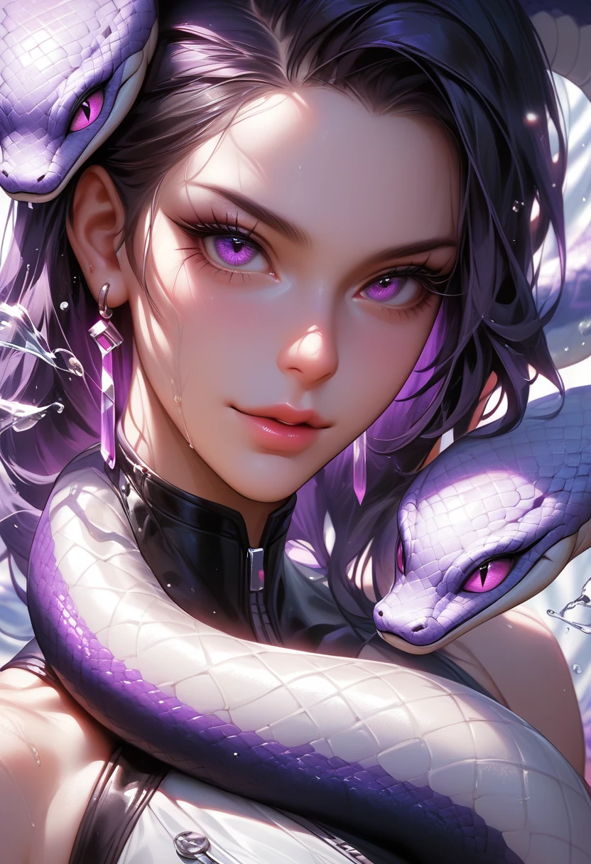 (best quality,4k,8k,highres,masterpiece:1.2, portrait), ultra-detailed, realistic, naked sexy dragon woman with violet glittering scales, skin is glittering amethyst purple scales, medium length black hair with white highlights, very playful but mischievous smile, huge tits, gigantic breasts, naked, nude, detailed crotch, detailed vulva, sexy pose, spread legs, playful, bi-coloured eyes, heterochromia, lustful