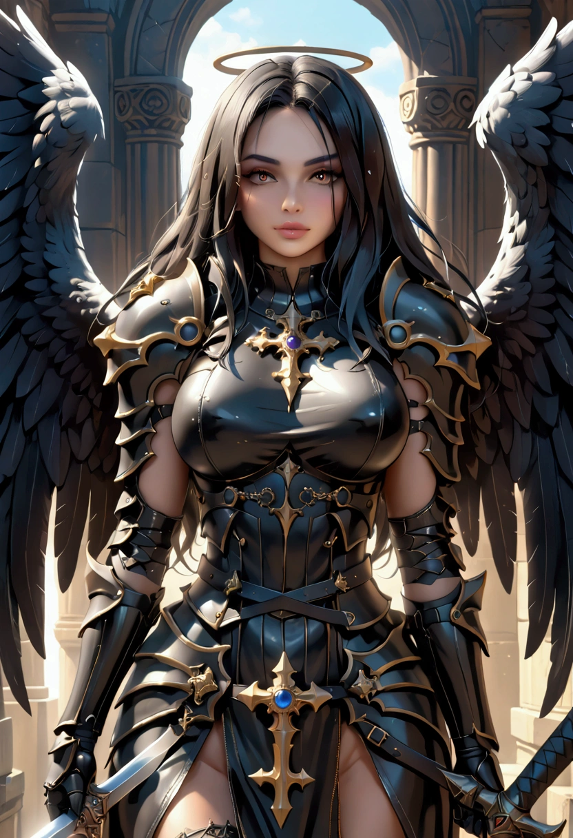 a woman in armor holding a sword and a sword, angel knight gothic girl, villainess has black angel wings, detailed fantasy art, angel knight girl, epic fantasy art style hd, 4k fantasy art, dark armor, stunning armor, hd fantasy art, deathknight, 8k fantasy art, highly detailed fantasy art, wow 4 k detail fantasy, dark angel