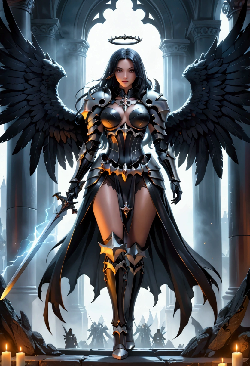 a woman in armor holding a sword and a sword, angel knight gothic girl, villainess has black angel wings, detailed fantasy art, angel knight girl, epic fantasy art style hd, 4k fantasy art, dark armor, stunning armor, hd fantasy art, deathknight, 8k fantasy art, highly detailed fantasy art, wow 4 k detail fantasy, dark angel