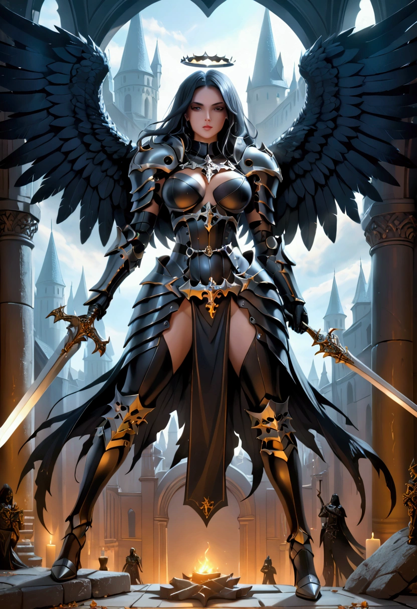 a woman in armor holding a sword and a sword, angel knight gothic girl, villainess has black angel wings, detailed fantasy art, angel knight girl, epic fantasy art style hd, 4k fantasy art, dark armor, stunning armor, hd fantasy art, deathknight, 8k fantasy art, highly detailed fantasy art, wow 4 k detail fantasy, dark angel