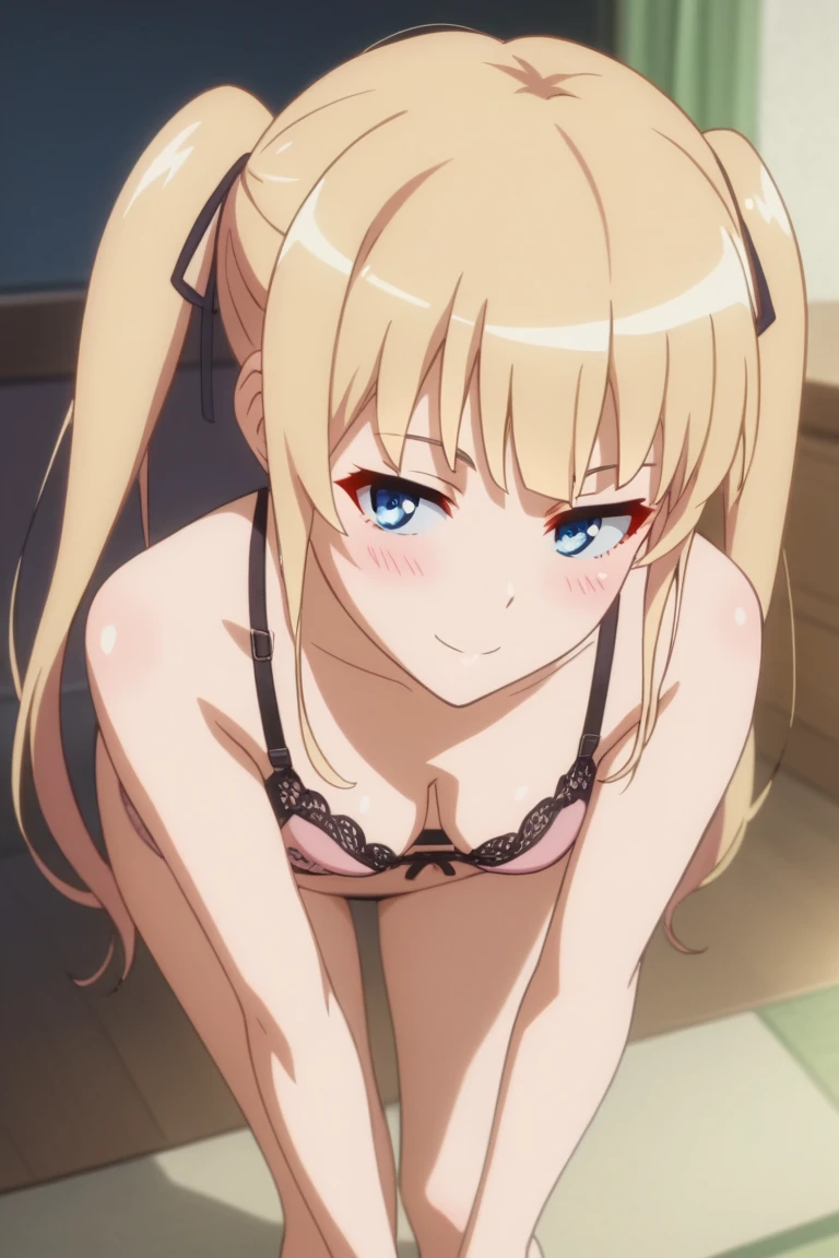 1girl,Eriri blonde hair,blue eyes,sawamura spencer eriri,long hair, small breast, twintails,black ribbon,     High Resolution, Masterpiece, High Quality,  anime screencap,  dynamic angle, takeda hiromitsu style,       seductive smile, seductive eyes, black-pink lingerie,bra,blush,bent over,leaning forward,petite,cleavage, deep cleavage,smile,indoor,