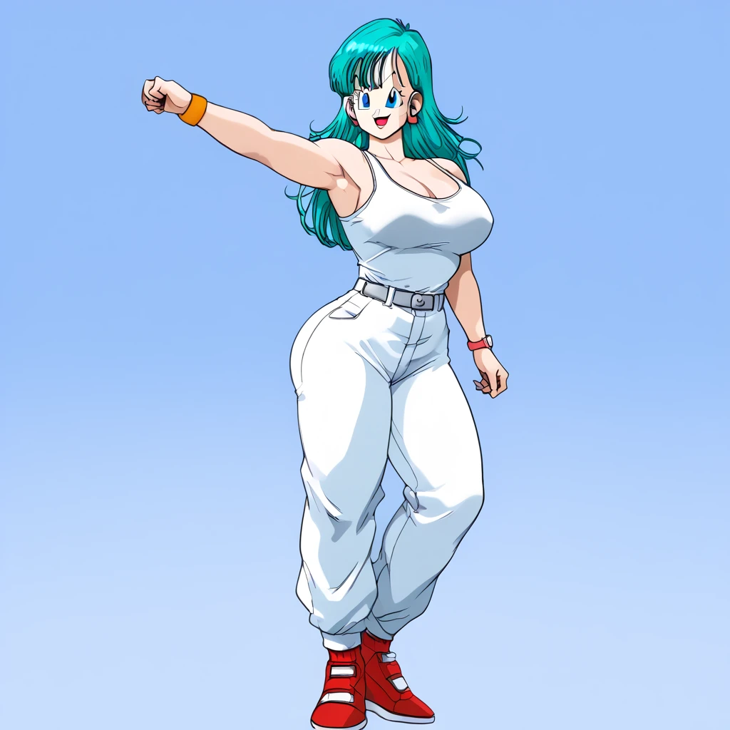 Bulma,( dragon ball\), long hair, cabello aqua, blue eyes wristwatch, white tank top,  hombros descubiertos, clavicle,  Habitación interior , Young curvy woman with big breasts and big ass, pose with arms raised to the sides, making a fist, showing her armpits, full body