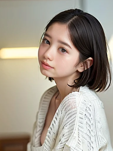 （8k、Raw photo、highest quality、masterpiece：1.2),(long bob cut),looking at the viewer,Looking at the front,sexy pose, smile,erotic,student,white skin,knees,absurd,small face,前hairを真ん中から分けます、I can see the forehead,(please be shy,tight eyes,glare,strong,skinny,skinny,get annoyed)、masterpiece,highest quality、超A high resolution,one person, solo,close up shot、cute、Return to student,(sweater:1.5),high school girl,japanese woman,standing,（Photoreal：1.37）、photon mapping,realistic、cutesmall face,brown eyes、prospect、Depth of the bounds written、blurred background、picture,girls、(前hairが見える), hair,  kneesが見える, thigh,Nogizaka Idol, actress、natural breasts、cleavage、Super fine、low person、(Skin with visible pores:1.2)、(focus on face)