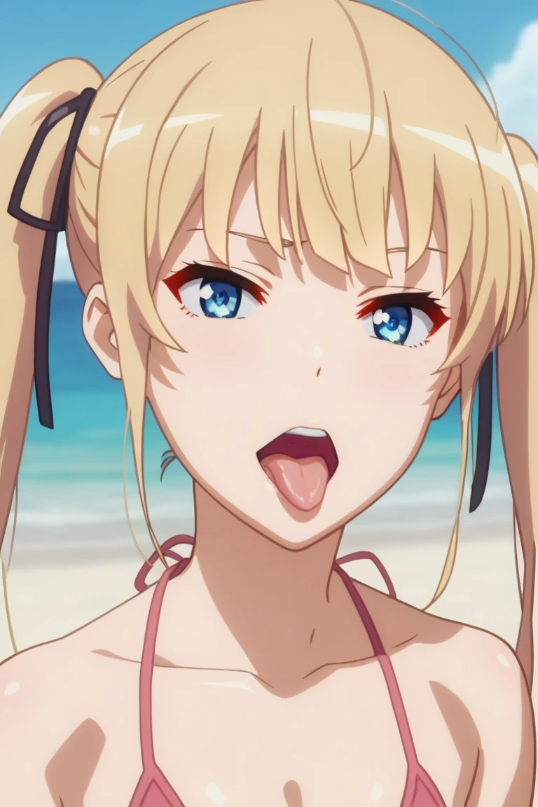 1girl,Eriri blonde hair,blue eyes,sawamura spencer eriri,long hair, small breast, twintails,black ribbon,     High Resolution, Masterpiece, High Quality,  anime screencap,  dynamic angle, takeda hiromitsu style,     tongue , tongue out , pink bikini, cleavage, bikini, close up, background beach, petite