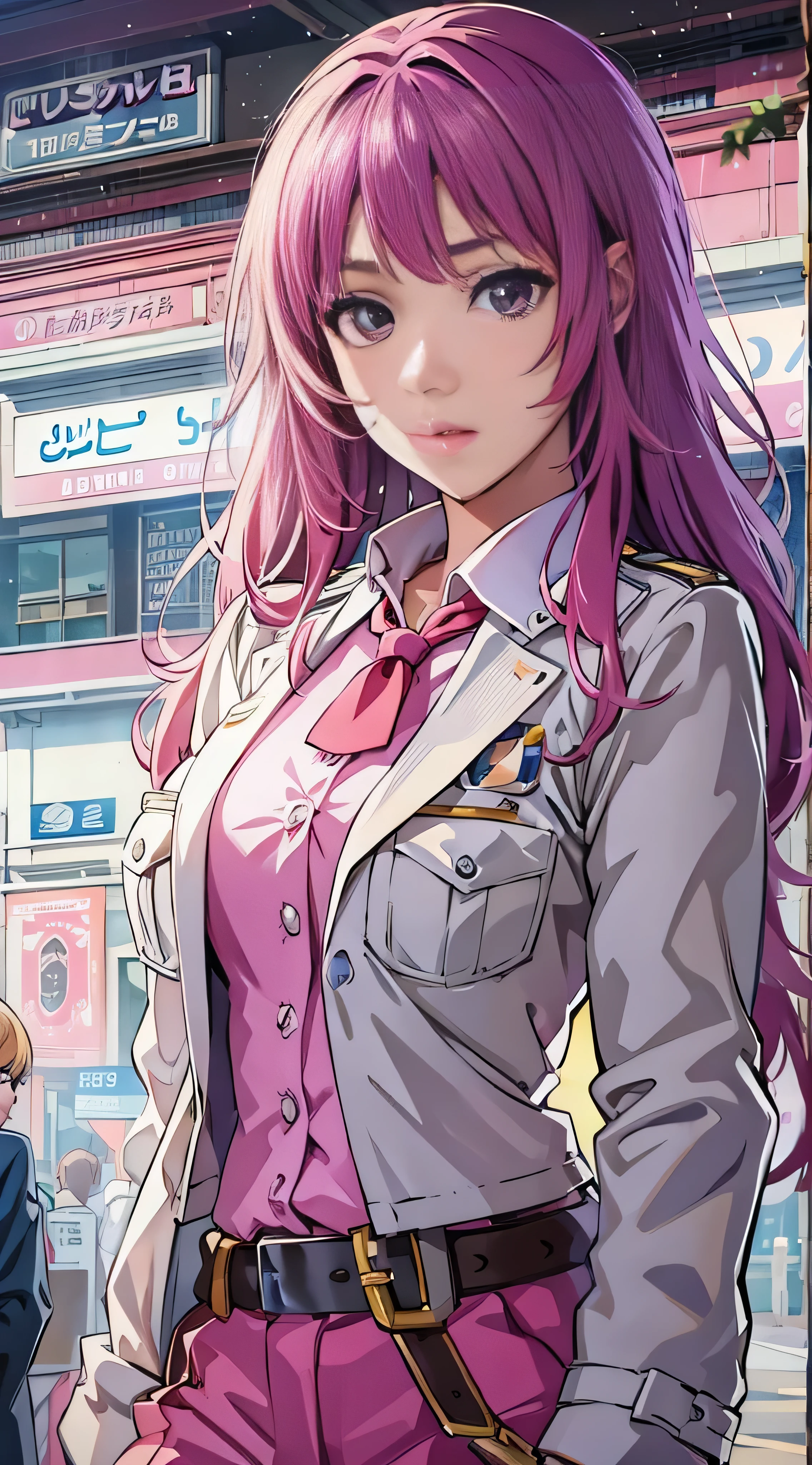  there is a woman with long hair in a white jacket and bow tie, Pictured in front of the police station ,  realistic young anime girl just watching viewers、  face details,  anime girl in real life,  long haired anime girl ,  white shime-cut hairstyle, Cute natural anime face,  realistic anime 3d style ,  beautiful anime girls, Arab Asian woman in a pink bralette posing with a pretty face - pretty face ,  Beautiful Animated Portraits ,  beautiful woman