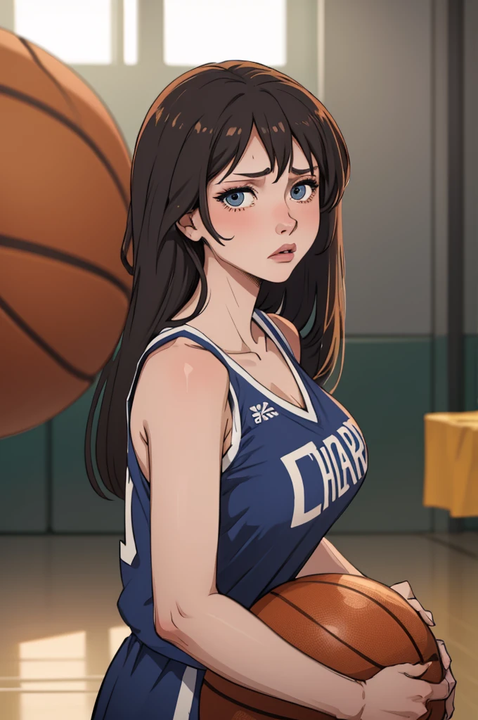 masterpiece, best quality, 1girl, solo, looking at viewer, large breasts, mature female, collarbone, janeporter, long hair, basketball uniform, \(basketball\), sweaty, exhausted, breathing