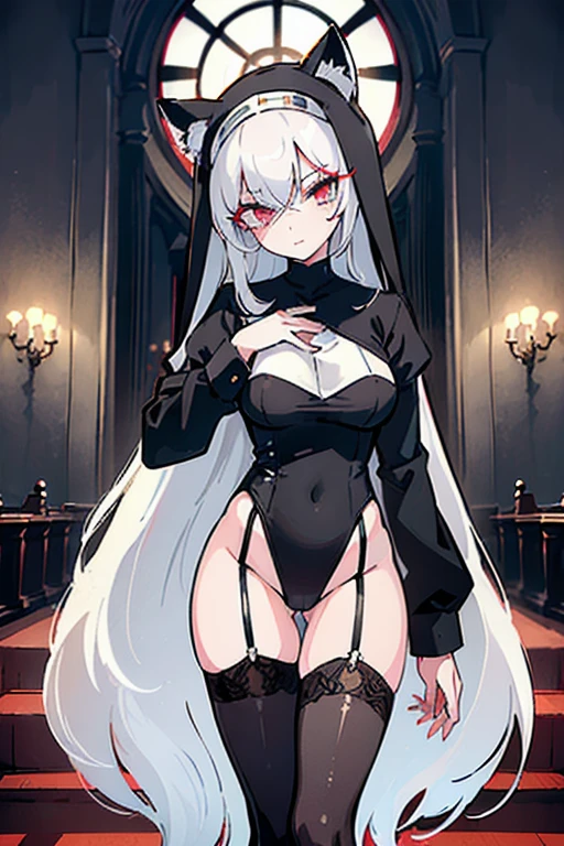 1girl, look at viewer, cute, big breast, black leotard, Fox ears, Fox tail, Fishnet stockings, full body, embarrassed smile, half-closed eyes, bedroom, Helltaker, detailed lighting, detailed body, detailed hair, detailed, masterpiece, messy long hair, white hair, red eyes, glowing eyes, night, kneeling