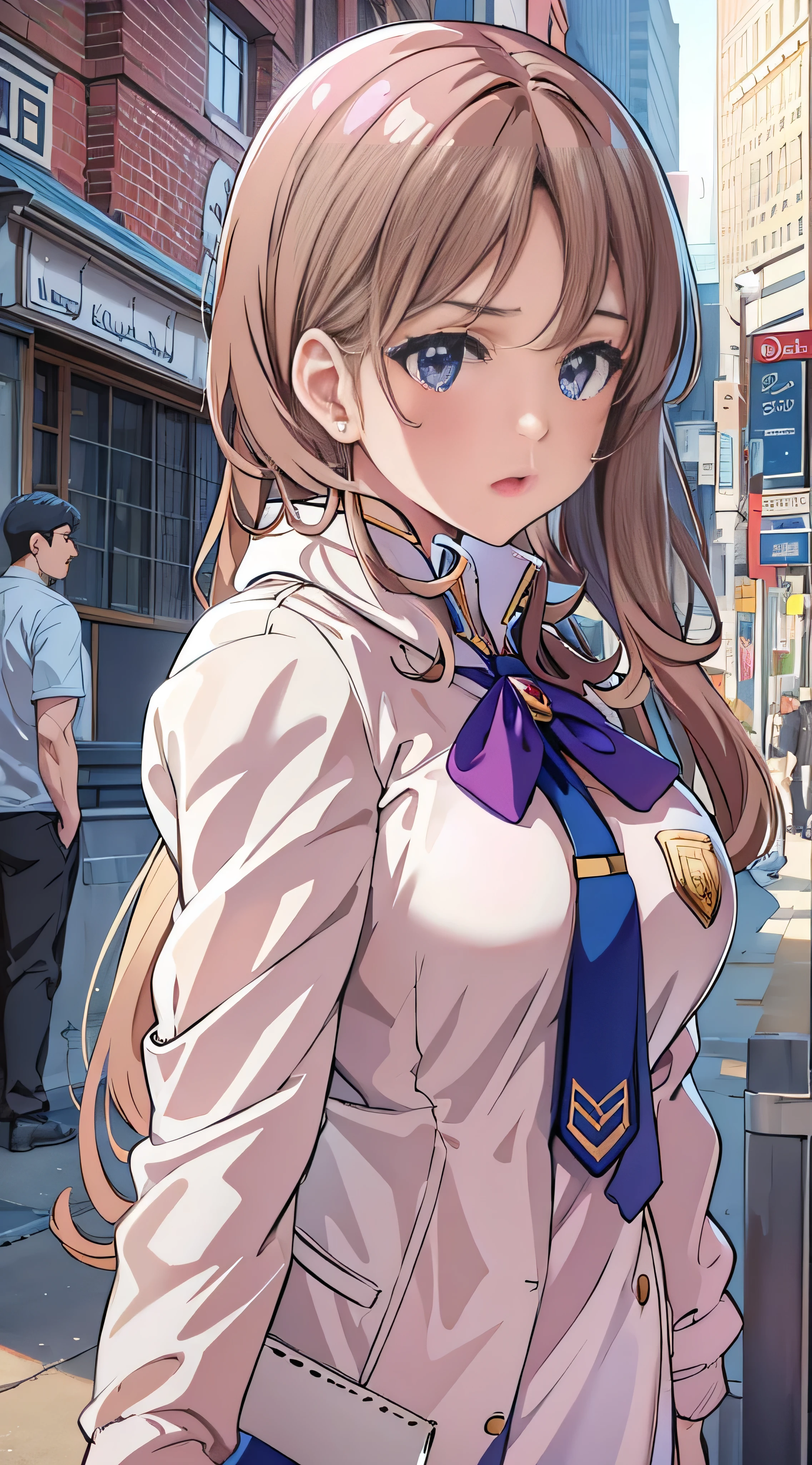  there is a woman with long hair in a white jacket and bow tie, Pictured in front of the police station ,  realistic young anime girl just watching viewers、  face details,  anime girl in real life,  long haired anime girl ,  white shime-cut hairstyle, Cute natural anime face,  realistic anime 3d style ,  beautiful anime girls, Arab Asian woman in a pink bralette posing with a pretty face - pretty face ,  Beautiful Animated Portraits ,  beautiful woman