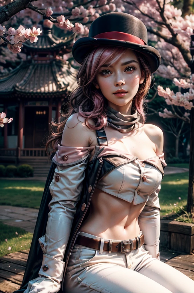 1girl, pink long hair, mask, makeup, bare shoulders, cleavage, large breasts, detached sleeves, standing, (cowboy shot),(masterpiece, high quality, best quality), (colorful),(delicate eyes and face), volumatic light, ray tracing, extremely detailed CG unity 8k wallpaper,solo, ((flying petal)), outdoors, ((flowers field)), sukunatattoo, kimono, look at viewers, facial marks, SukunaFem