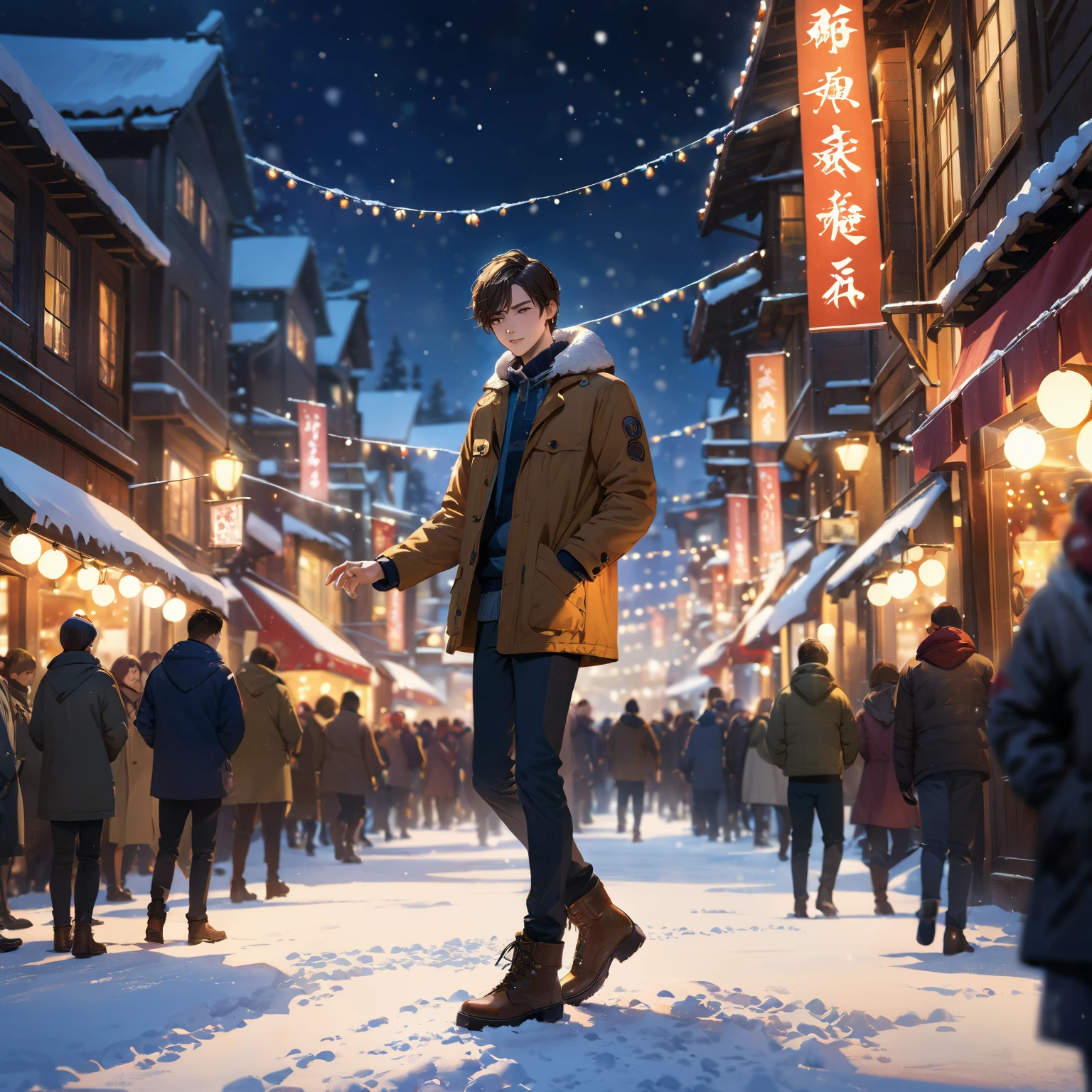 Masterpiece,best quality,A young man,standing in a snow-covered town, with snow dancing around him, the crowds around him blurred and out of focus, night,a concept art, illustration, highly detailed, newest,photorealistic, hyperrealistic, volumetric lighting, dramatic cinematic lighting, warm color palette, muted tones, soft focus, depth of field,dynamic angle