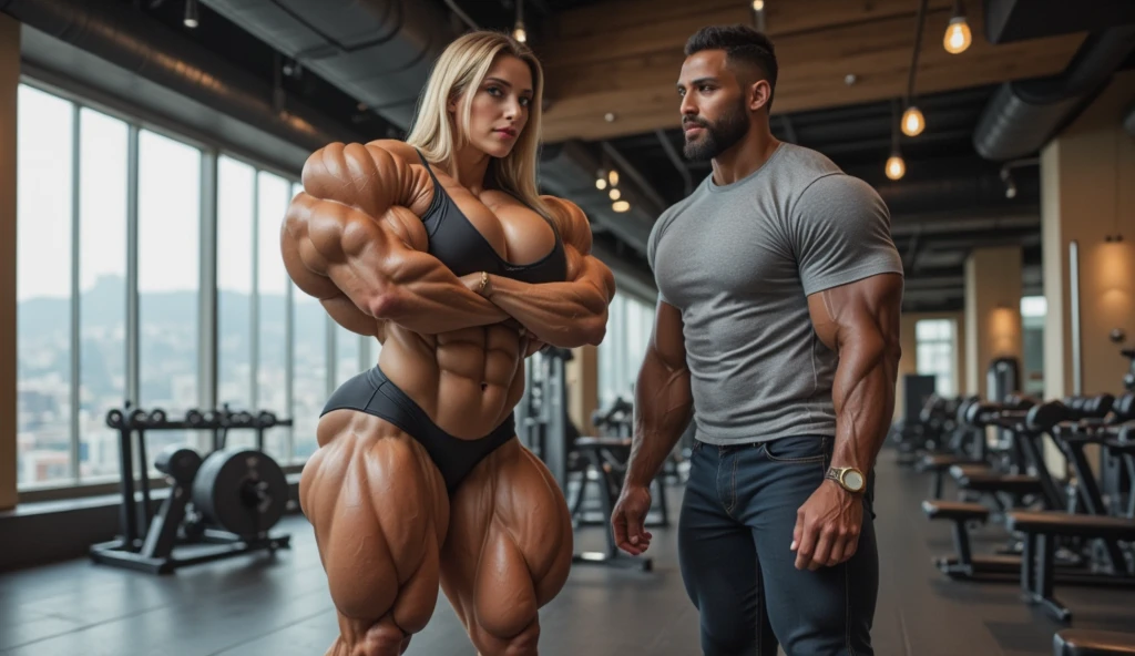(((a boy and a girl))), Athletic Gym background, brief and string bikini, ((((a bodybuilder and a femalebodybuilder)))), a young handsome guy and a cute girl, smile, (((very muscular body, vascularity, veins))), upper-body portrait, upper-body Image, real man and woman, (barefeet, barefoot), abnormally developed muscles, ((color Image)) masterpiece, best quality, high resolution