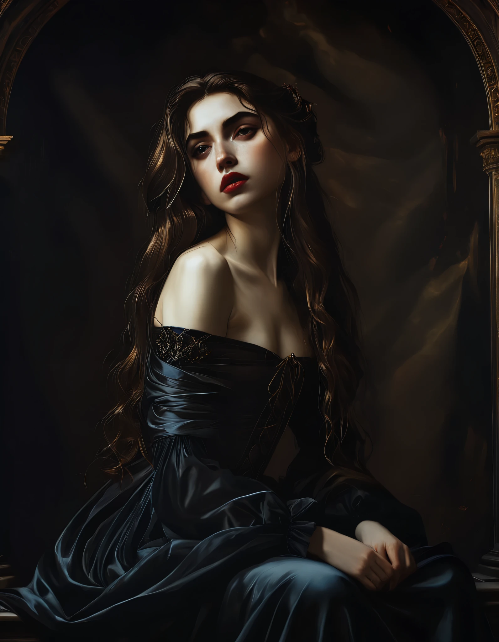a beautiful detailed girl with striking features, long flowing hair, sitting in a dramatic pose, ornate gothic caravaggio style painting, highly detailed, intricate background, dramatic lighting, moody colors, cinematic, photorealistic, 8k, best quality, masterpiece