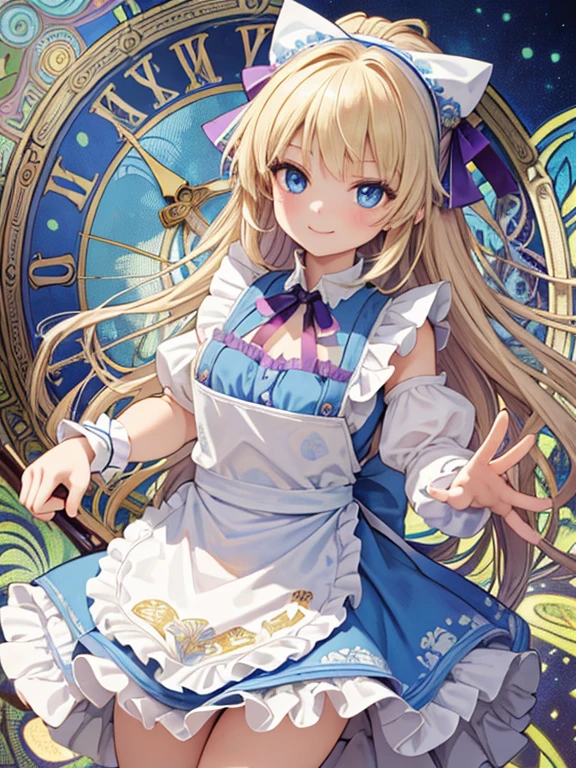 ((masterpiece, Highest quality:1.2, High resolution, Ultra-detailed, 8k)), whole body、1girl,2boy, cowgirl position sex, ((Perfect beautiful girl、14 years old、Alice in Wonderland、Shiny, deep golden, straight long hair that hangs down straight、A very bright and happy expression, Very young and artistic, with beautiful round faces、Large, round eyes、Shiny, clear blue eyes、Very thin eyebrows of delight、A childlike open mouth、 Very large breasts、The buttons on her chest are undone, exposing her breasts completely.、Thigh-high socks with lots of blue and white horizontal stripes、Black Head Ribbon、White frilly apron、Blue ruffled dress)), (Two little boys、9 years old、A boy touches a girl's breasts from both sides、A good friend、Excited expression、close your eyes、Open your mouth、Small penis),Midday、On the bright lawn、