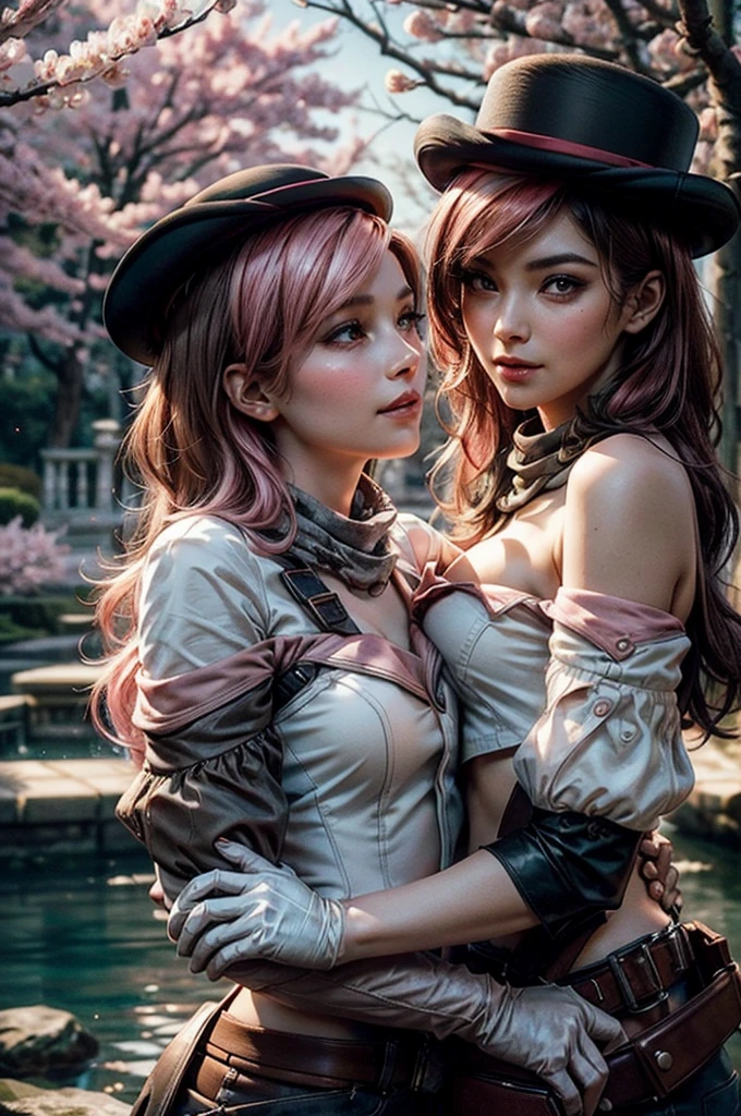 gwen tennyson,rebecca chambers,mai shiranui,tracer,samurai outfit,japan,kimono, steel armor,ager,green eyes,garter belt, thigh high boots,short hair,orange hair,moonlight,cherry blossom,shy smile,white striped top,bodycon skirt,freckles,redhead,beautiful girl, large breasts,ultra detailed,realistic,ninja scarf, ninja cloak,small earrings,