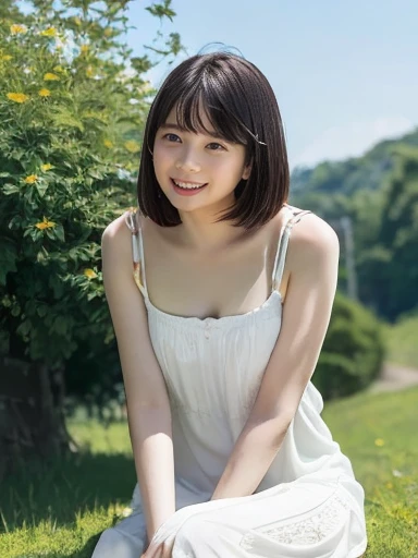 ​masterpiece、4K、(8K)、top-quality、Beautiful Korean woman, detailed description, 1 girl, 23 years old, (sundress:1.1), bob cut, summer, countryside, depth of field, depiction from knee up, professional photo, angle from below, laugh, easy