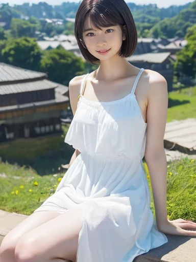 ​masterpiece、4K、(8K)、top-quality、Beautiful Korean woman, detailed description, 1 girl, 23 years old, (sundress:1.1), bob cut, summer, countryside, depth of field, depiction from knee up, professional photo, angle from below, laugh, easy