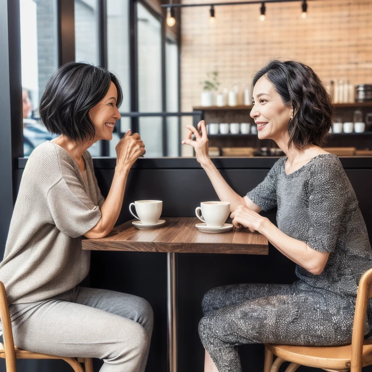 UHD, anatomically correct, textured skin, super detail, high quality, 8k、 Two 40-year-old wives enjoying conversation at a cafe、 in casual everyday clothes 、Horizontal shot 、 full body photo、 beautiful face、 beautiful hair、 model body type、