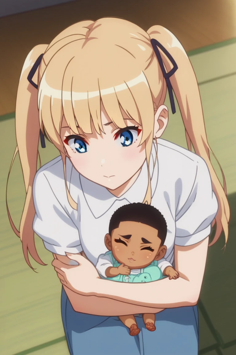 1girl,Eriri blonde hair,blue eyes,sawamura spencer eriri,long hair, small breast, twintails,black ribbon,     High Resolution, Masterpiece, High Quality,  anime screencap,  dynamic angle, takeda hiromitsu style,     mother and baby, small girl,hugging up, (((african baby))),