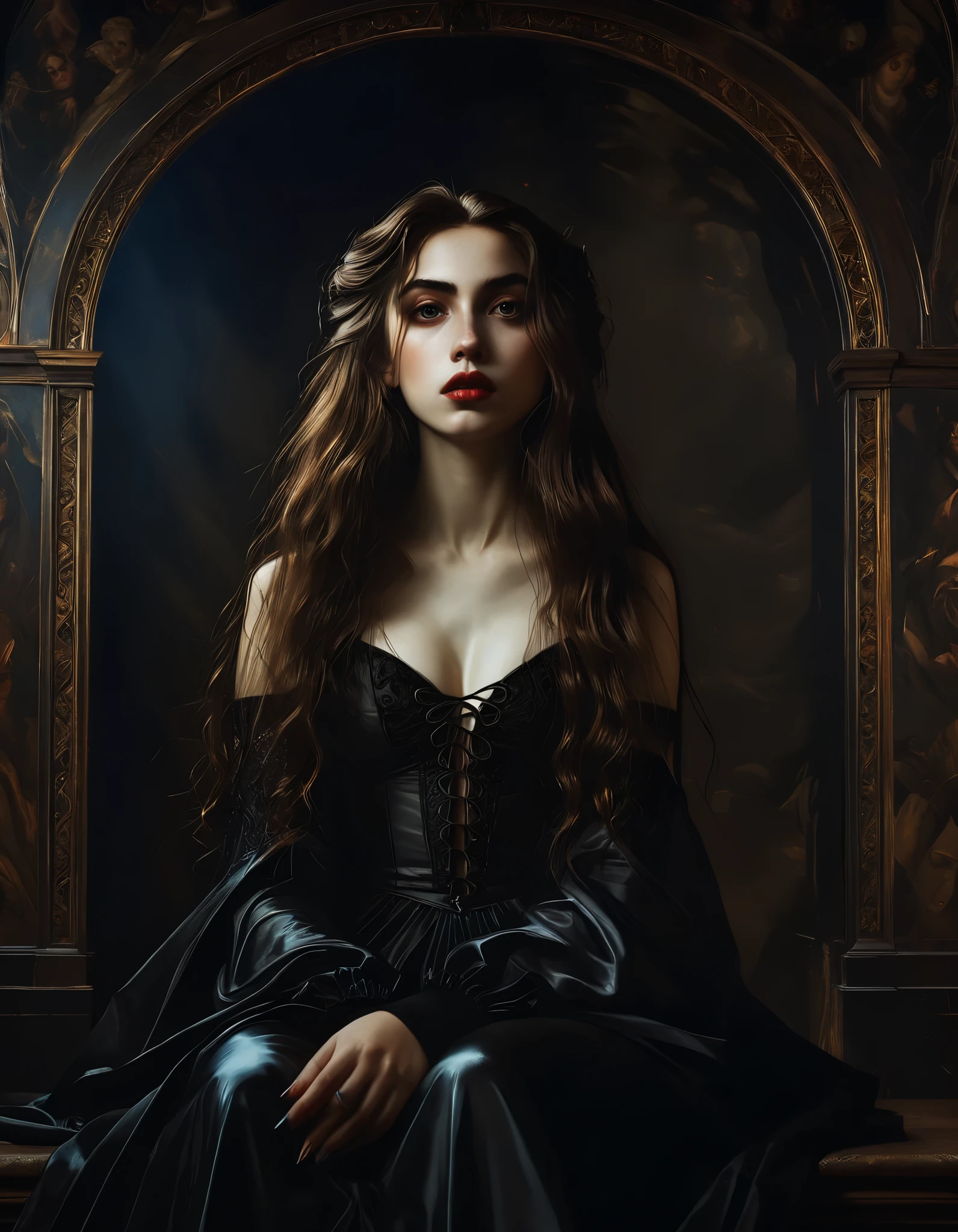 a beautiful detailed girl with striking features, long flowing hair, sitting in a dramatic pose, ornate gothic caravaggio style painting, highly detailed, intricate background, dramatic lighting, moody colors, cinematic, photorealistic, 8k, best quality, masterpiece
