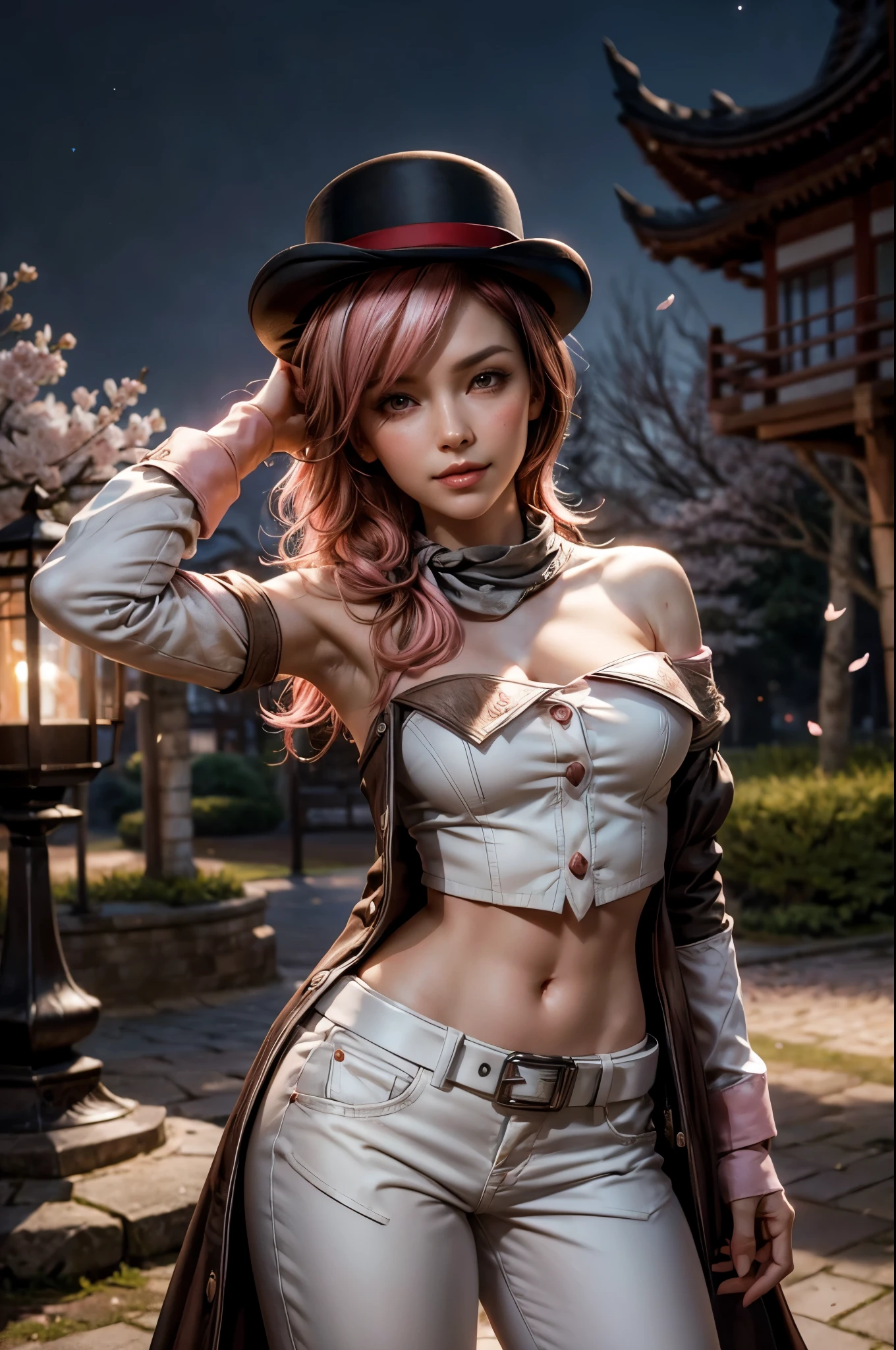 pink and brown hair, multicolored hair, neopolitanatlas, bowler hat, grey scarf, white gloves, white shirt, off-shoulder shirt, black sleeves, midriff, white belt, white pants, smile, nighttime, moon, stars, lanterns), standing in front of chinese pagoda, cherry blossom trees, near stream, cowboy shot, masterpiece, heart shaped face, elegant face, beautiful face, highly detailed face, highly detailed skin, skin pores, subsurface scattering, realistic pupils, looking at viewer, full lips, detailed background, depth of field, atmospheric perspective, volumetric lighting, sharp focus, absurdres, realistic proportions, good anatomy, (realistic, hyperrealistic:1.4), 16k hdr,