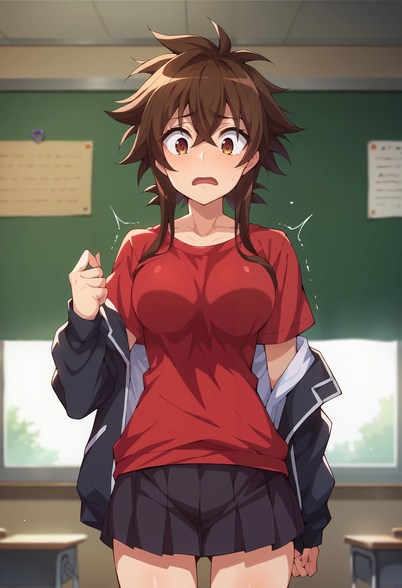 score_9, score_8_up, score_7_up, 1girl, solo, female focus, breasts, androgynous, Issei Hyoudou, brown eyes, brown hair, spiked hair, (long hair), school uniform, red shirt, loose shirt, buttomless, black jacket, (black pants), standing, breasts expansion, hands on breasts, shaking, scared, looking down, classroom, clear day,