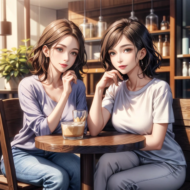 UHD, anatomically correct, textured skin, super detail, high quality, 8k、 Two 40-year-old wives enjoying conversation at a cafe、 in casual everyday clothes 、Horizontal shot 、 full body photo、 beautiful face、 beautiful hair、 model body type、