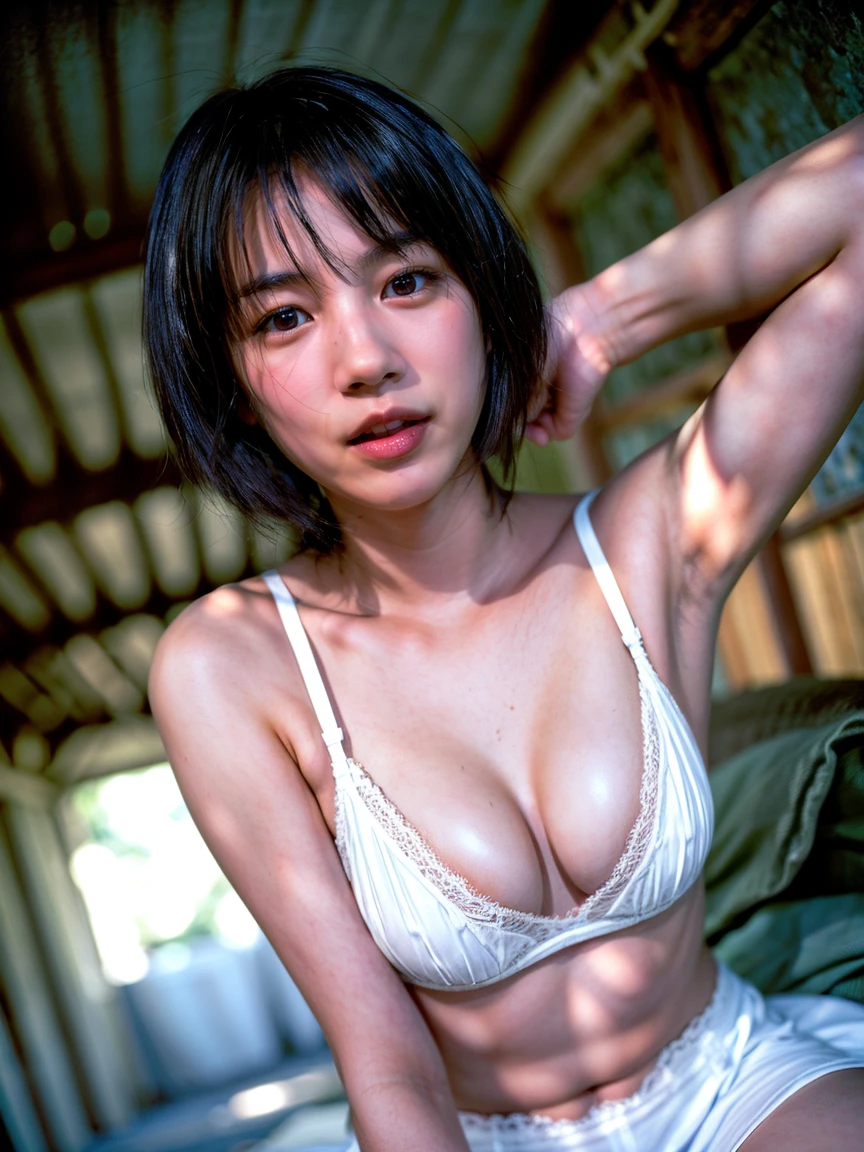 (( natural light、 Soft Light、Petite women,    function,    Coal mine、 no makeup 、The gaze is pointing down )),  White underwear、 open your mouth slightly、 natural light、 fascinated expression、 wet hair 