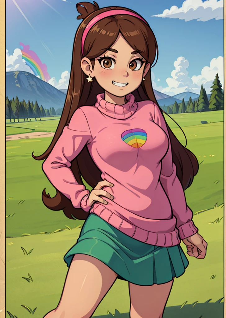 [Mabel], [Gravity Falls], ((masterpiece)), ((HD)), ((high res)), ((solo portrait)), ((waist-up)), ((front view)), ((detailed shading)), ((soft textures)), ((intricate details)), ((anime girl)), ((cinematic)), {attractive; (long brown hair), (cute dark-brown eyes), (large breast), (curvy hips), (beautiful legs), (cute grin)}, {(hot-pink knitted sweater with a rainbow printed on it), (green skirt), (hot-pink hairband), (diamond earrings)}, {(standing), (looking at viewer)}, [background; (grass plains), (sun rays), (blue sky), (clouds in sky), (ambient lighting)]