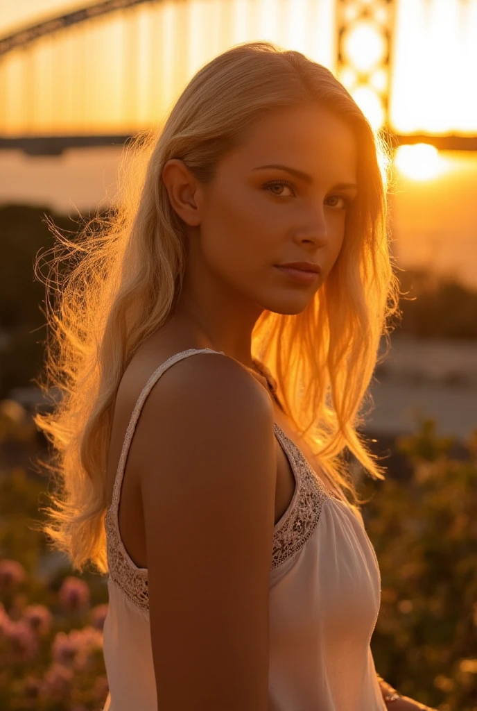 Blonde Woman, photo of dos, sunset