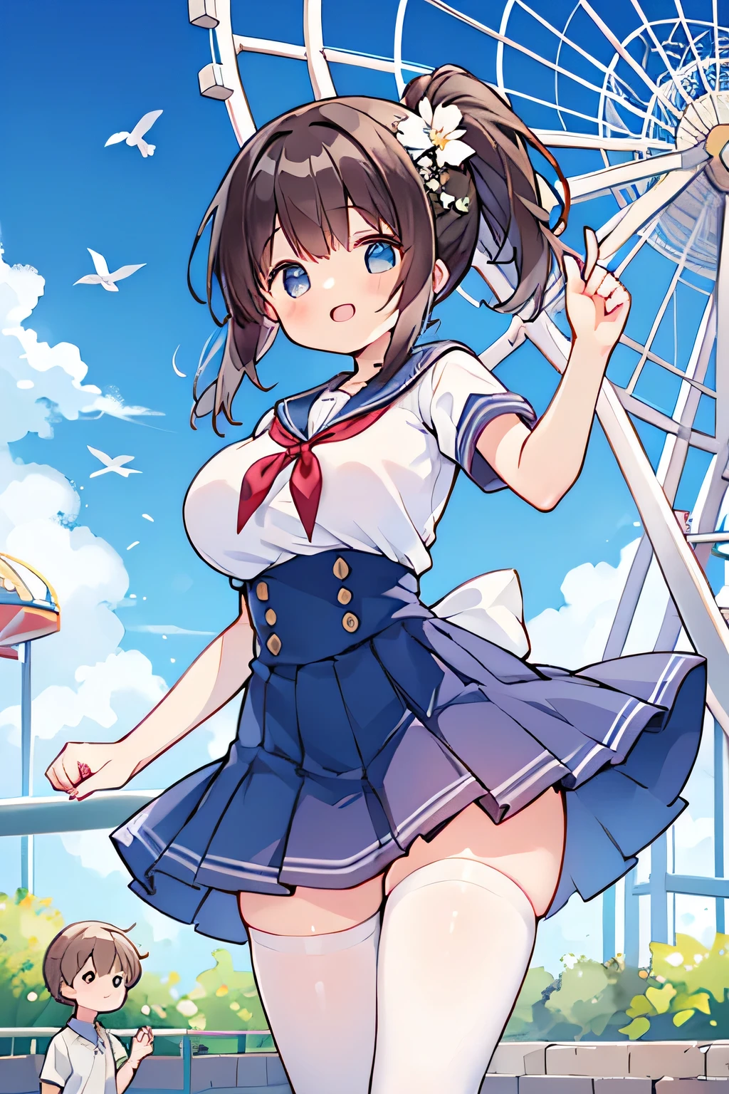 (((masterpiece, highest quality, High resolution, 超High resolution, Perfect Pixel, Depth of written boundary, 4K, RTTX 10.0))), Beautiful Anime Woman, Beautiful art style, Anime characters, ((Smooth texture, Realistic texture, Anime CG Style)), Exact finger count、Exact number of legs、(Exact number of arms:1.0, Exact number of hands:1.0), (Perfect hands, Perfect Anatomy), Cinematic, Realistic, Extremely detailed CG, Daytime lighting, Perfect lighting, Best Shadow, The best natural light, whole body, Perfect body, (Slender body:1.2), ((Long Hair, bangs, Dark brown hair, Stylish hairstyle, Bobcut)), ((1人のcute女性は自分でスカートをめくりながらセクシーにポーズをとっている:1.6)), ((Alone:1.0)), beauty, cute, ((Fashionable white shirt, Sailor collar, Pleated mini skirt:1.3):1.3), ((セクシーでcute青下着:1.3), (Stylish shiny blue satin panties, Side-tie lace panties:1.3), (Thin panties:1.3):1.3), (Beautiful and big breasts:1.2), (Beautiful and thin thighs:1.3), Feeling embarrassed, (blush:1.2), (Very embarrassed look:1.4), (At an outdoor amusement park, Ferris wheel and amusement park behind, Happy people in the background々:1.3), whole body, Angle from the front
