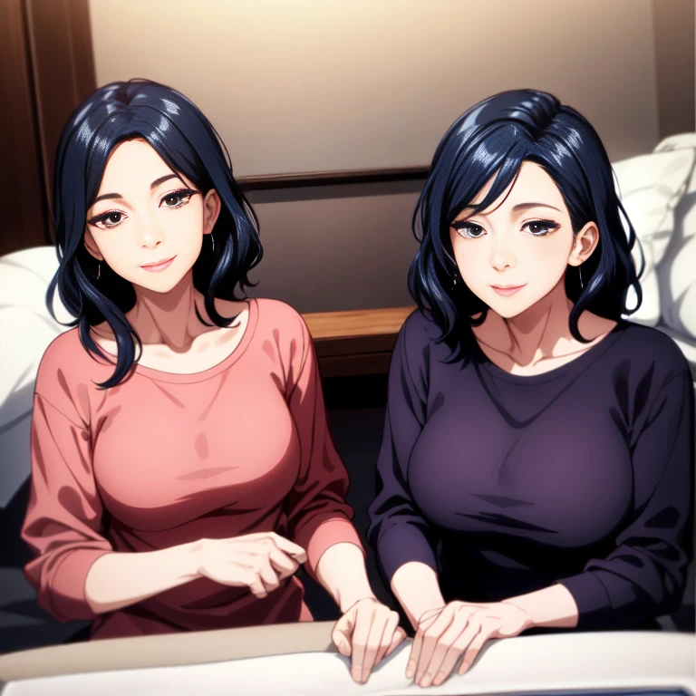 UHD, anatomically correct, textured skin, super detail, high quality, 8k、Two 40-year-old wives are sitting in bed and enjoying conversation、 in casual everyday clothes 、Horizontal shot 、 full body photo、 beautiful face、 beautiful hair、 model body type、