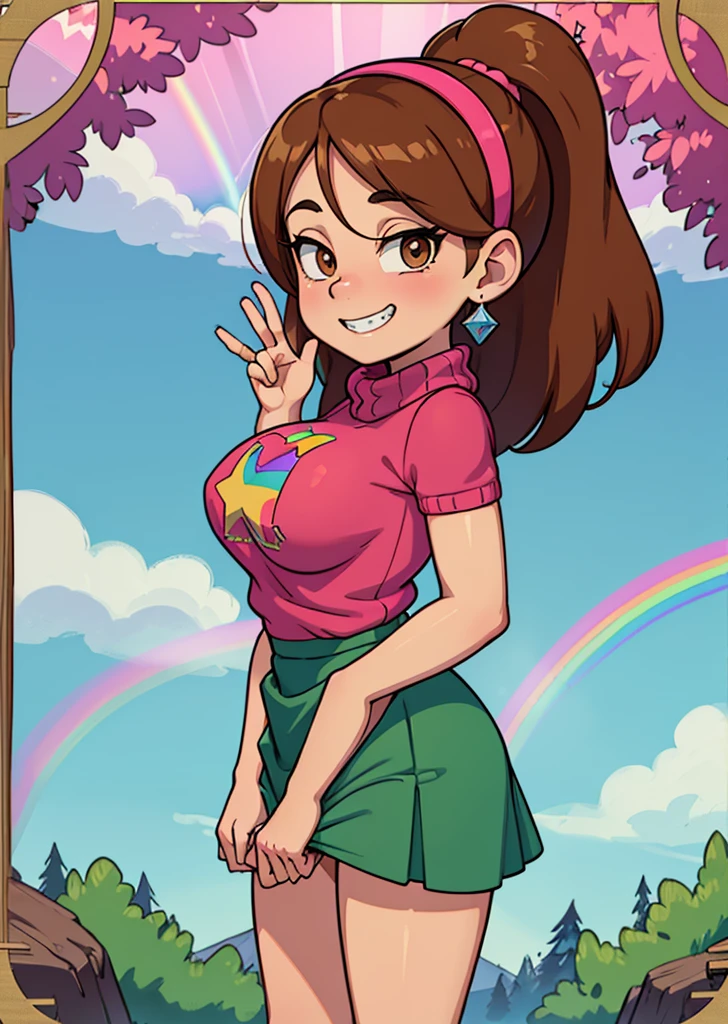 [Mabel], [Gravity Falls], ((masterpiece)), ((HD)), ((high res)), ((solo portrait)), ((waist-up)), ((front view)), ((detailed shading)), ((soft textures)), ((intricate details)), ((anime girl)), ((cinematic)), {attractive; (long brown hair), (cute dark-brown eyes), (large breast), (curvy hips), (beautiful legs), (cute grin)}, {(hot-pink knitted sweater with a rainbow printed on it), (green skirt), (hot-pink hairband), (diamond earrings)}, {(standing), (peace-sign), (looking at viewer)}, [background; (grass plains), (sun rays), (blue sky), (clouds in sky), (ambient lighting)]