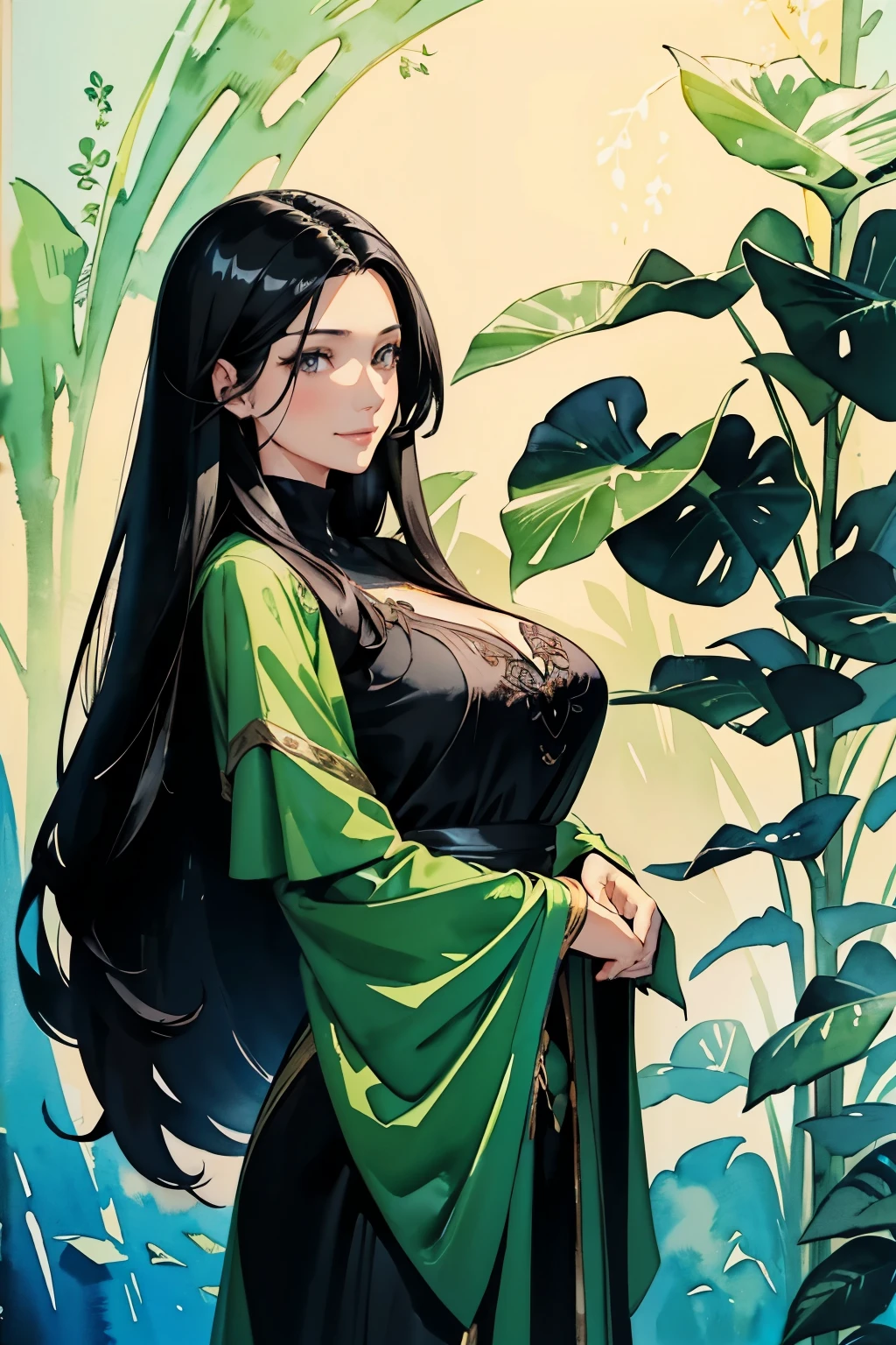 de 20 anos com cabelo comprido cor preta, olhos cor verde, olhando para o telespectador, cabelo verde, olhos afiados, corpo perfeito, medium breasts, cintura perfeita, defined abdomen with a black dress with gold details, in a beautiful forest with a beautiful sky full of details