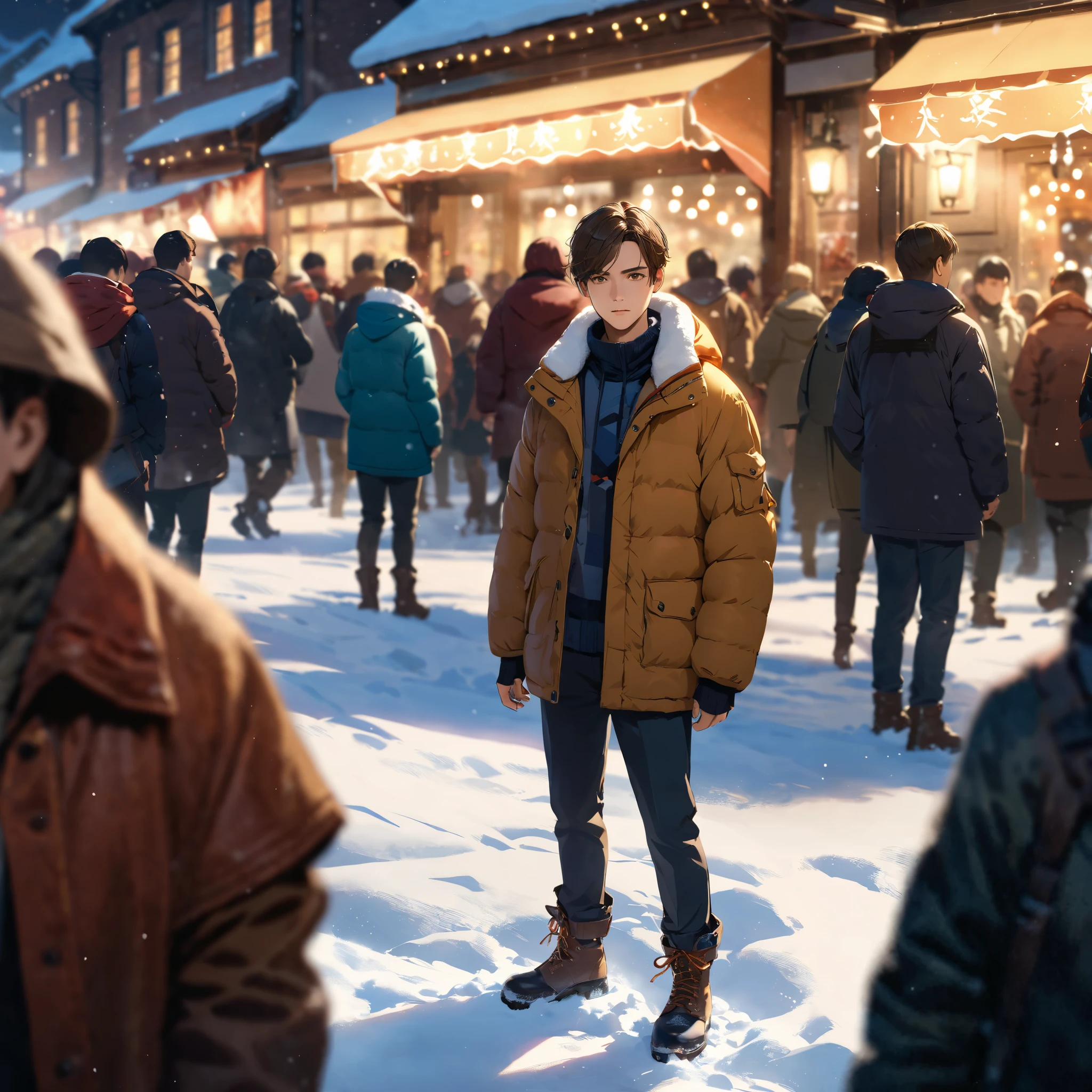 Masterpiece,best quality,A young man,standing in a snow-covered town, with heavy snow dancing around him, the crowds around him blurred and out of focus, night,a concept art, illustration, highly detailed, newest,photorealistic, hyperrealistic, volumetric lighting, dramatic cinematic lighting, warm color palette, muted tones, soft focus, depth of field,cinematic angle