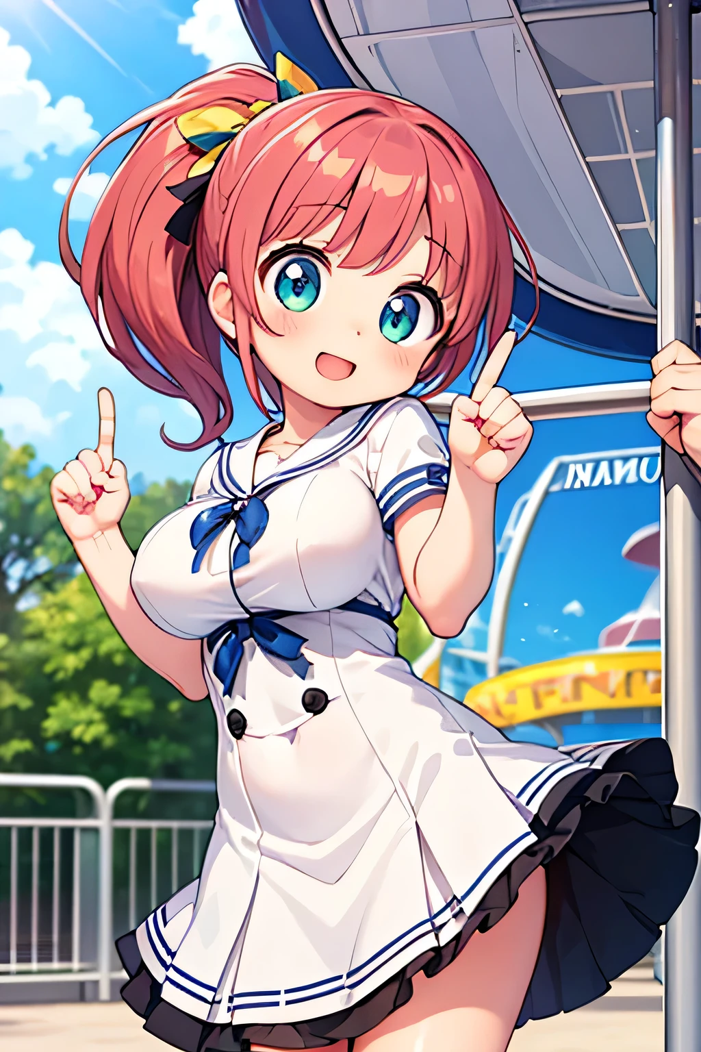 ((Sajuna Inui from そのビスクドールは恋をする)), 1littlegirl, (solo), ((small tits)), 12yo, lightpink hair, twintail, blunt bangs, red eyes, school swimwear, beach, smile, Detailed drawing, Blur, full body shot,