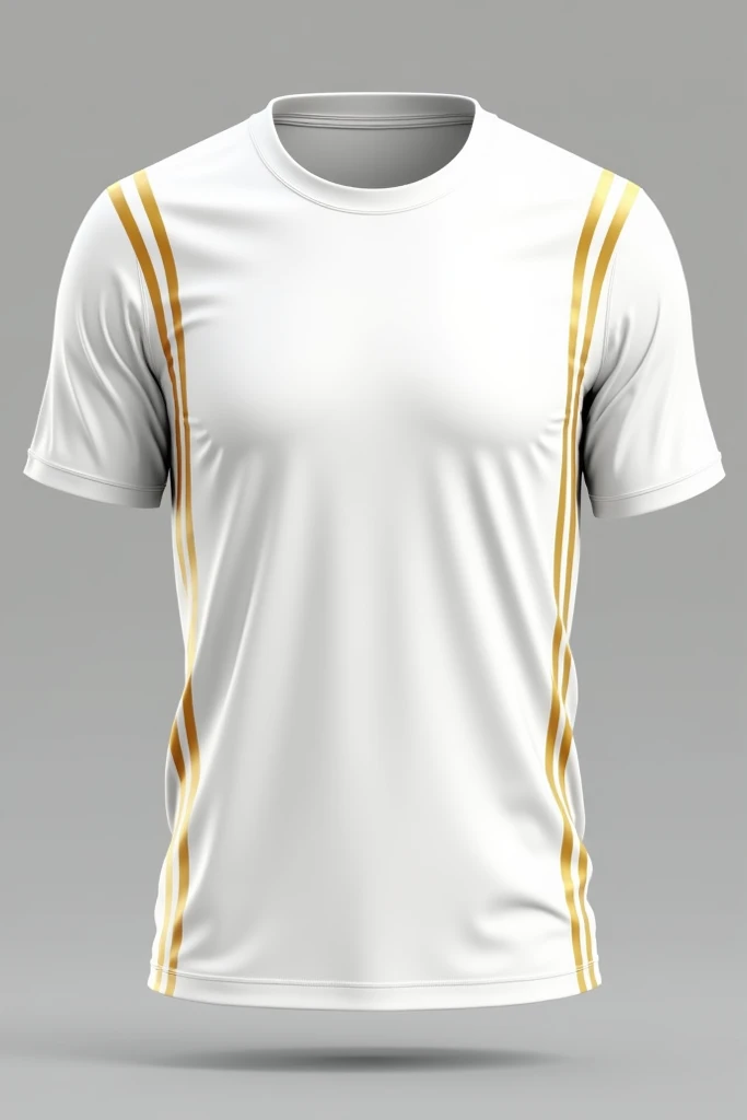 Create a sports jersey that exudes elegance through simplicity. The jersey should be primarily white with subtle golden accents, focusing on minimalistic lines and patterns. The design should be sleek, with a modern, high-end look, where the golden accents appear as delicate lines tracing the contours of the jersey. The player number should be placed discreetly on the chest and back, with a minimalist font that complements the overall design. Short sleeves in solid white complete the look.