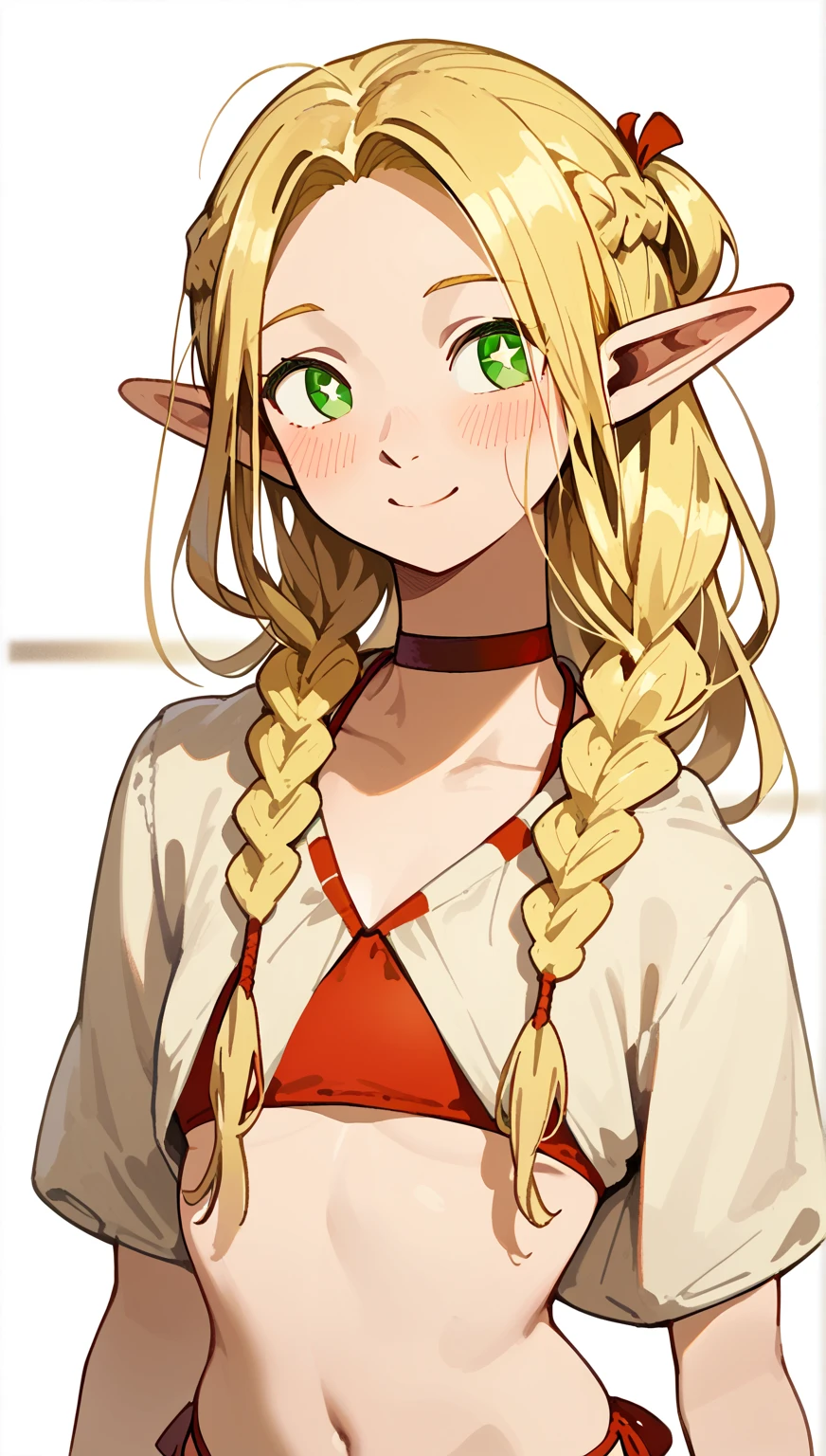 1girl, best quality, [masterpiece], from the waist up, twin braids, red choker, marcille donato, bright pupils, green eyes, parted bangs, blonde hair, elf, soft smile, (bikini) looking to the side, blushing 