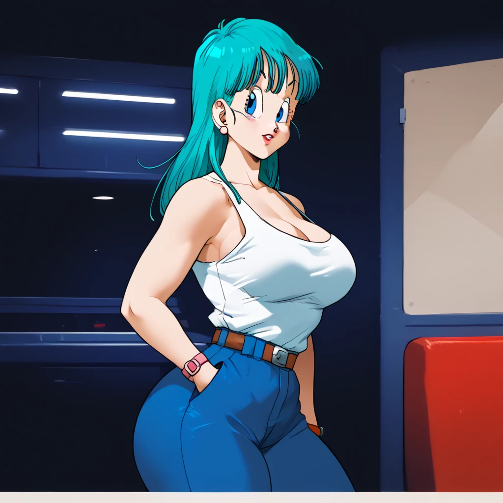 Bulma,( dragon ball\), long hair, cabello aqua, blue eyes wristwatch, white tank top,  hombros descubiertos, clavicle,  Habitación interior , Young curvy woman with big breasts and big ass, left side view