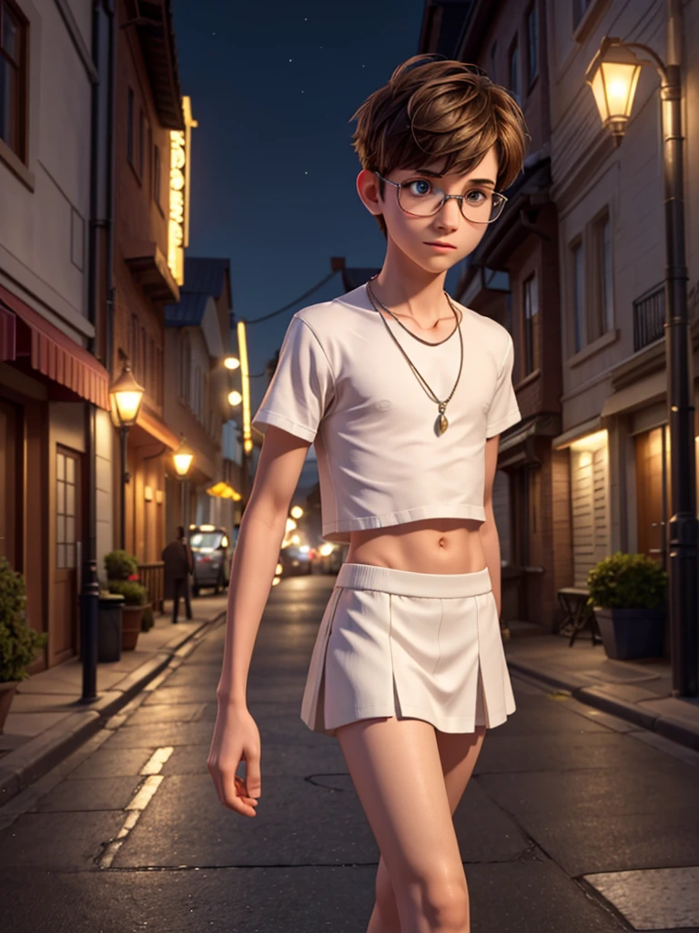 A teenage boy with a pixie cut hair is walking in the street at night ...