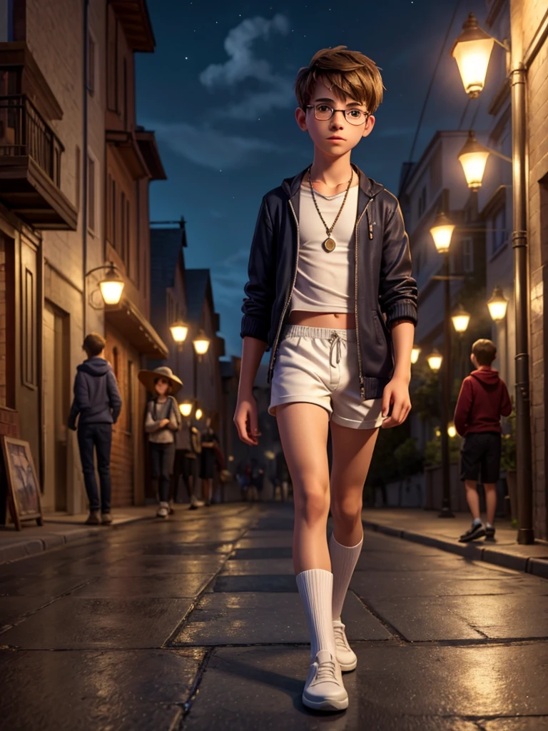 A teenage boy with a pixie cut hair is walking in the street at night. The boy is wearing a white crop top, shorts, and white thigh high socks. he has slender abs and wears glasses. he also has a necklace around his neck. The scene is bathed in the soft glow of streetlights, creating a mysterious and enchanting atmosphere. The image should be of the best quality, with ultra-detailed features, and a realistic, photorealistic style. The colors should be vivid, with a touch of cool tones to enhance the nighttime ambiance. The lighting should be atmospheric, emphasizing the boy's silhouette and casting intriguing shadows on the surrounding environment.