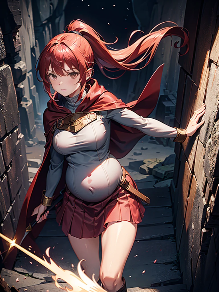 High Resolution, High Quality, High Details, cave scene, night, 1girl, red hair, long Ponytail, brown eyes, medium breasts, red cloak, pink tunic, grey skirt, black leggings, armor boots, looking at wall drawing, holding spear, pregnant belly, right arm covered in wrapping, sexy pose