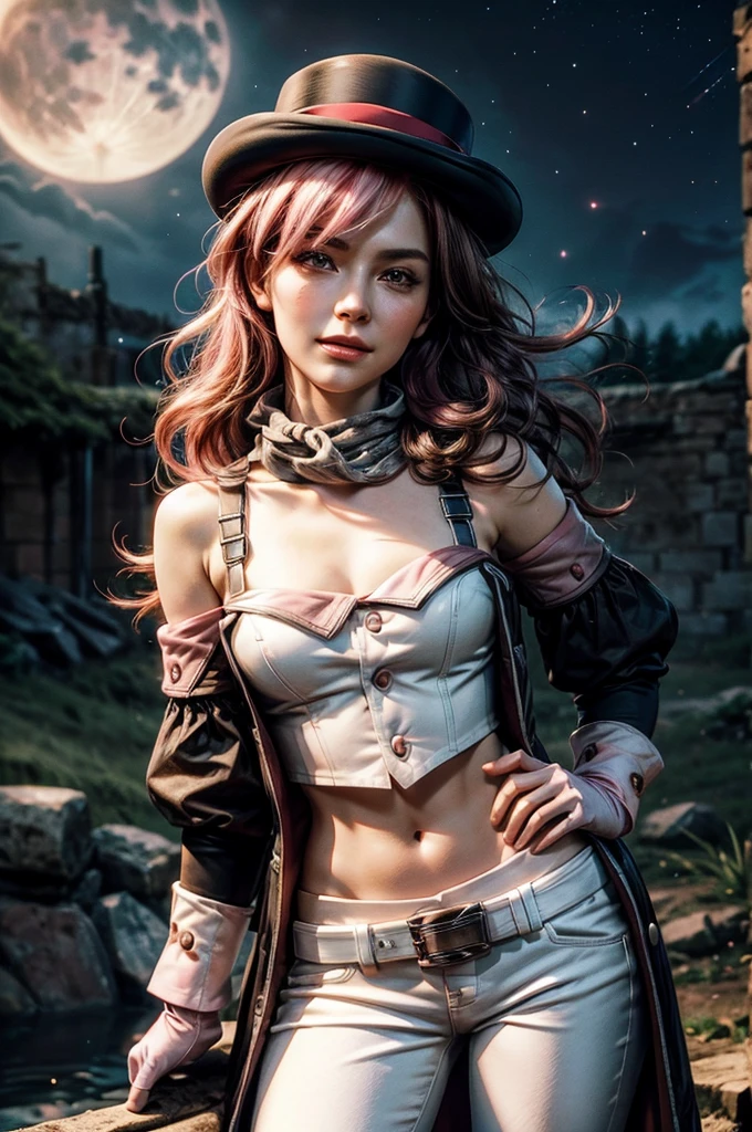 pink and brown hair, multicolored hair, neopolitanatlas, bowler hat, grey scarf, white gloves, white shirt, off-shoulder shirt, black sleeves, midriff, white belt, white pants, smile, nighttime, moon, stars,) standing in castle ruins on a hill, waterfall in the background, cowboy shot, masterpiece, heart shaped face, elegant face, beautiful face, highly detailed face, highly detailed skin, skin pores, subsurface scattering, realistic pupils, looking at viewer, full lips, detailed background, depth of field, atmospheric perspective, volumetric lighting, sharp focus, absurdres, realistic proportions, good anatomy, (realistic, hyperrealistic:1.4), 16k hdr,