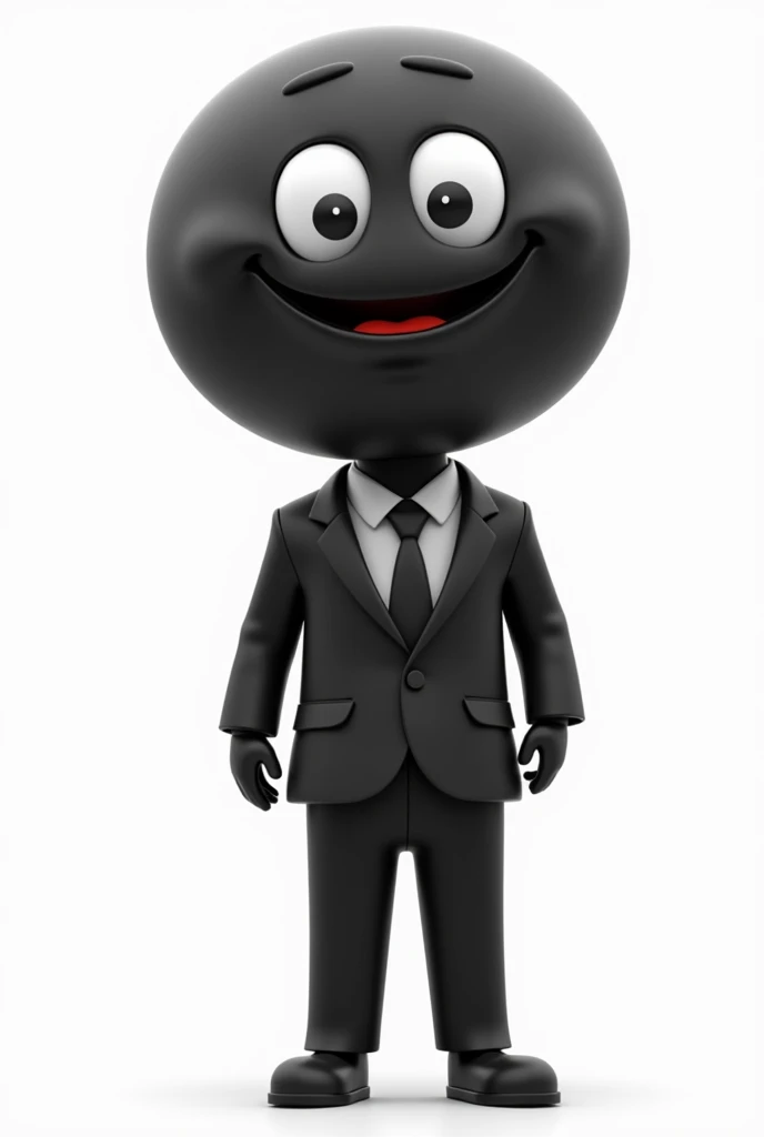 A minimalist black puppet character in an ironic style, designed to present a podcast. Simple geometric shapes with a round face, expressive cartoon eyes, and a friendly smile. Wearing a sharp suit and tie, standing straight in a neutral pose. Clean and modern design, no background.