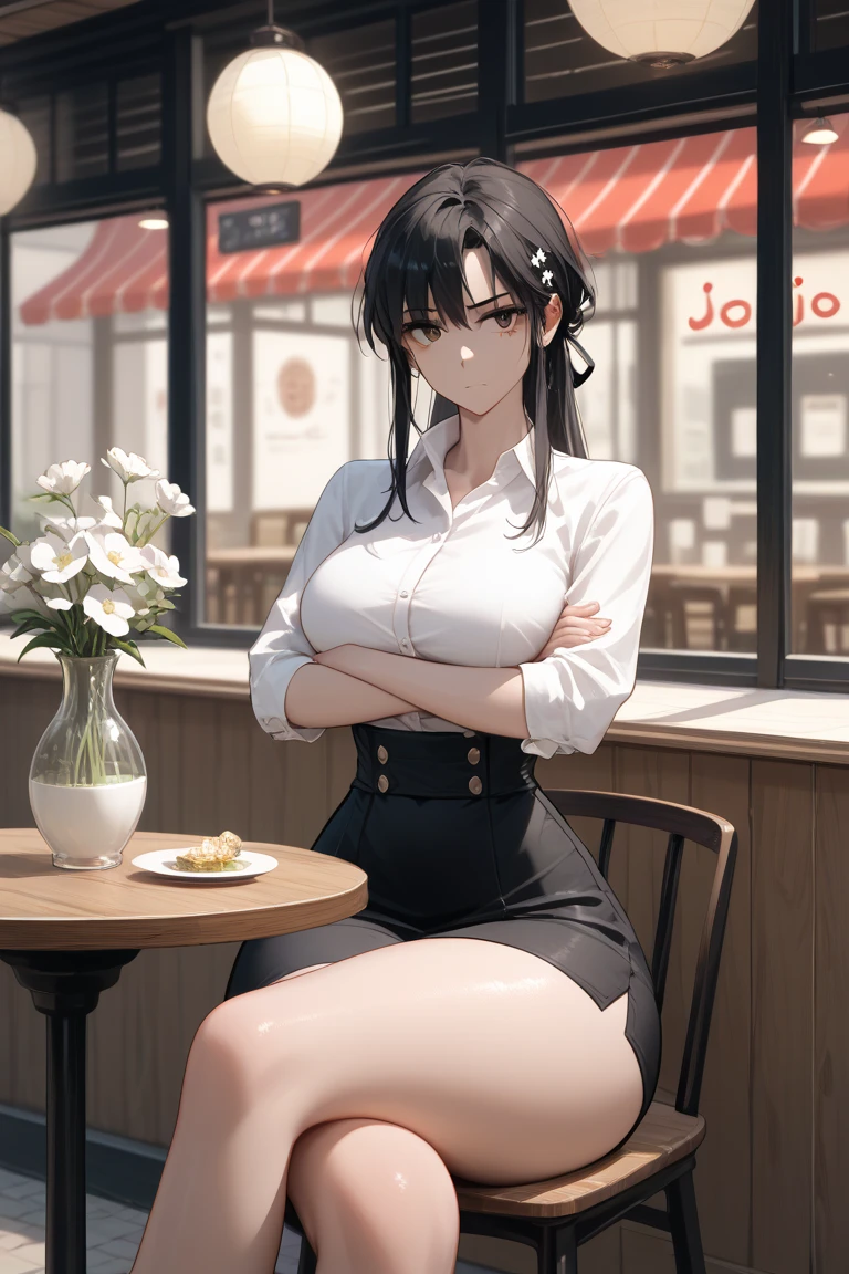 A woman wearing a red shirt with kanji writing on the shirt, black skirt, big breasts, sitting on a chair in a cafe, drinking a milkshake with a spoon, long black hair, long pigtails, red eyes, smiling, full body.HDR, ultra resolution, well defined, masterpiece, 8K HD. (solo woman)