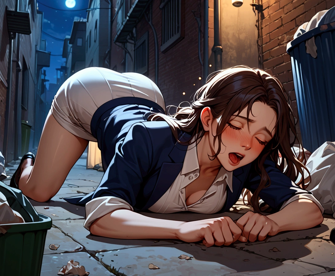  score_9,  score_8_up,  score_7_up,  score_6_up,  score_5_up,  score_4_up,  source_Anime, solo focus, OL,  eye closed , Drunk, Drunk girl,  open her mouth ,  in the container funny , Fainted, ( fall asleep ), top-down bottom-up, ((In the trash)),  Disheveled clothes ,  rolled up a skirt, Black long hair,  blazer、 white blouse、 tight mini skirt , (night中), ((night)),  sex, alley, Fall down, Dramatic angle

