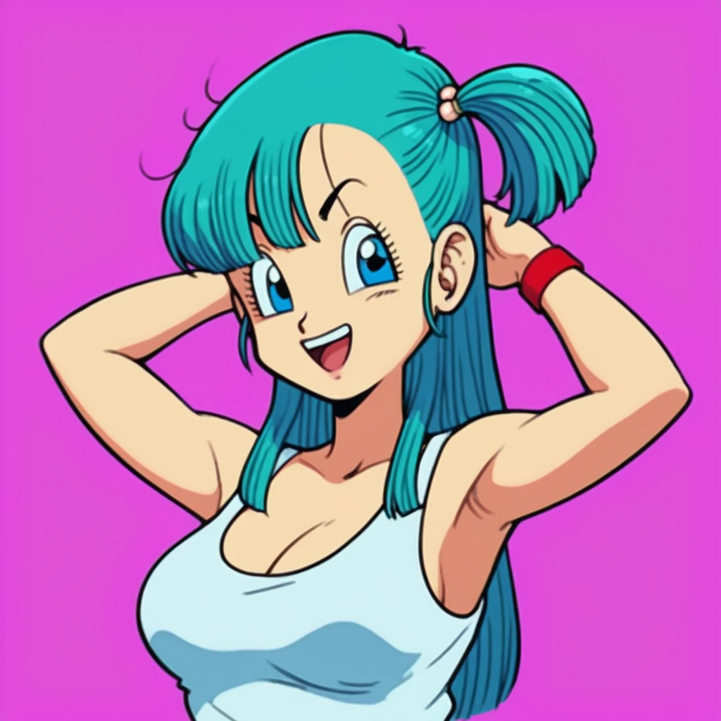 Bulma,( dragon ball\), long hair, cabello aqua, blue eyes wristwatch, white tank top,  hombros descubiertos, clavicle,  Habitación interior , Young curvy woman with big breasts and big ass, pose with arms raised to the sides, making a fist, showing her armpits